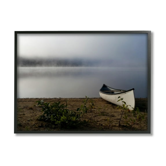 Stupell Industries Lone Canoe Tranquil Foggy Lake Beach Weather Photograph Black Framed Art Print Wall Art, Design by Daphne Polselli