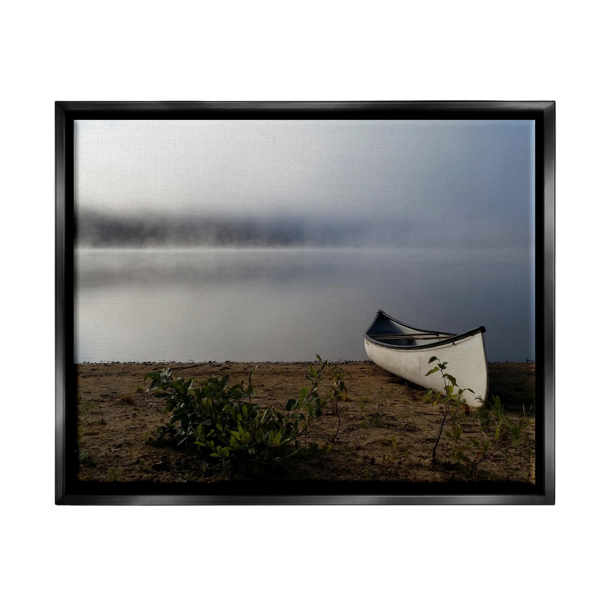 Stupell Industries Lone Canoe Tranquil Foggy Lake Beach Weather Photograph Jet Black Floating Framed Canvas Print Wall Art, Design by Daphne Polselli