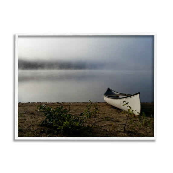 Stupell Industries Lone Canoe Tranquil Foggy Lake Beach Weather Photograph White Framed Art Print Wall Art, Design by Daphne Polselli
