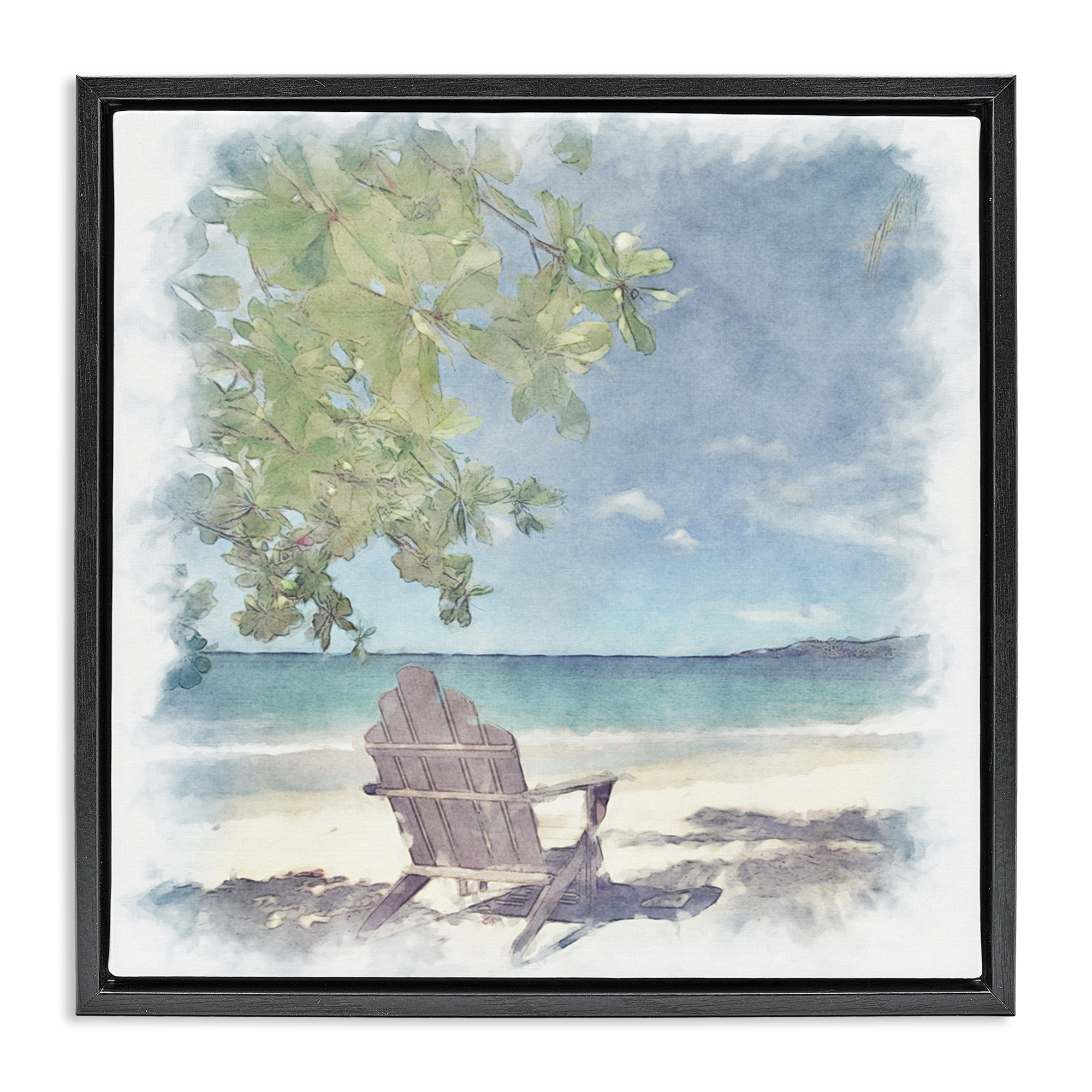 Stupell Industries Lone Chair Beach Shore Landscape & Nature Painting Black Floater Framed Canvas Art Print Wall Art, 18 x 18