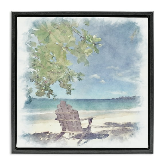 Stupell Industries Lone Chair Beach Shore Landscape & Nature Painting Black Floater Framed Canvas Art Print Wall Art, 18 x 18