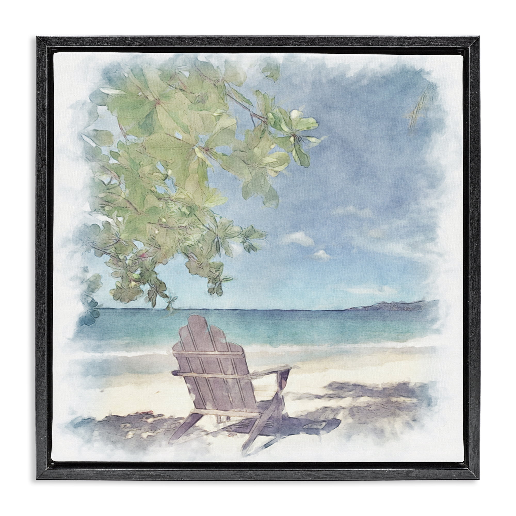 Stupell Industries Lone Chair Beach Shore Landscape & Nature Painting Black Floater Framed Canvas Art Print Wall Art, 25 x 25