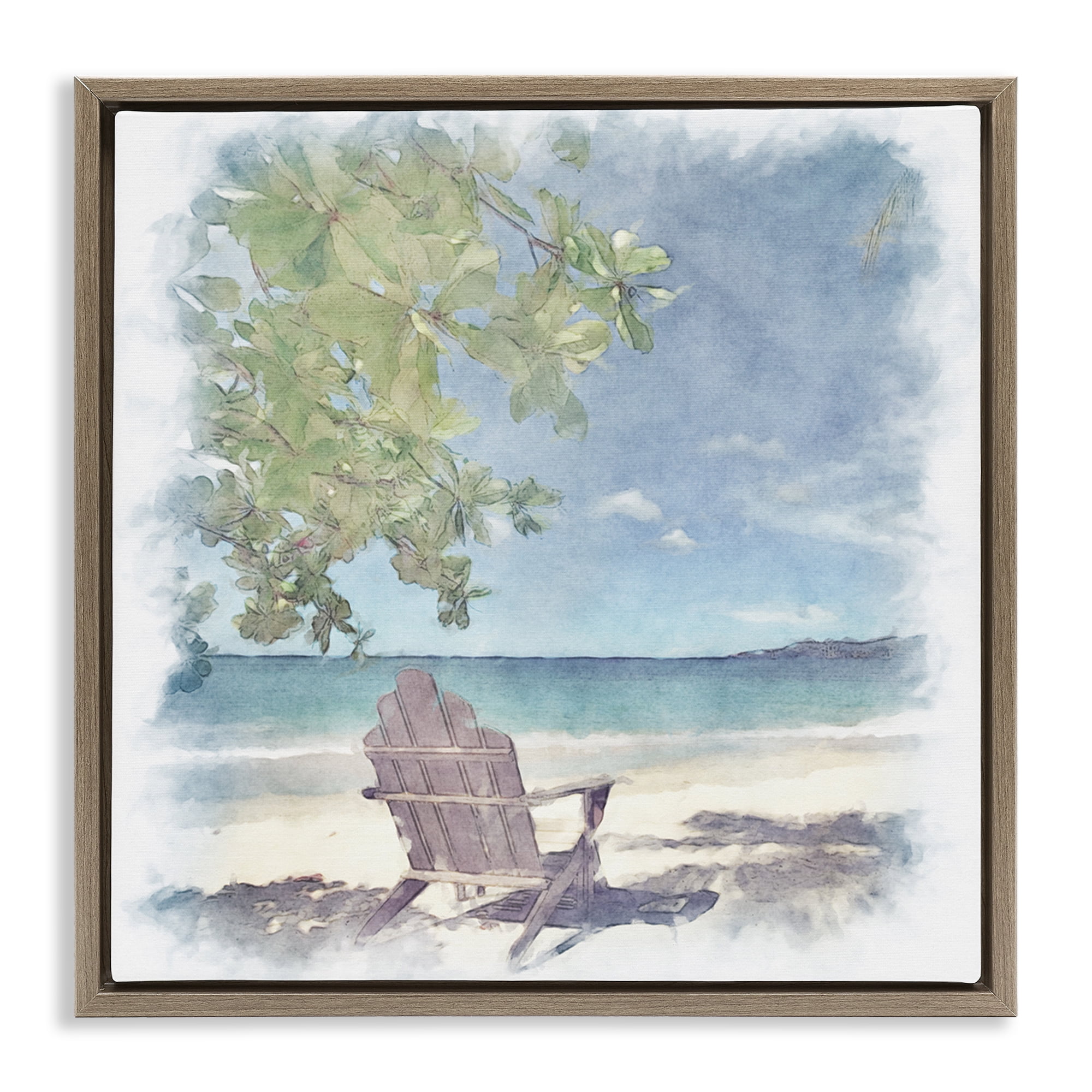 Stupell Industries Lone Chair Beach Shore Landscape & Nature Painting Brown Floater Framed Canvas Art Print Wall Art, 25 x 25