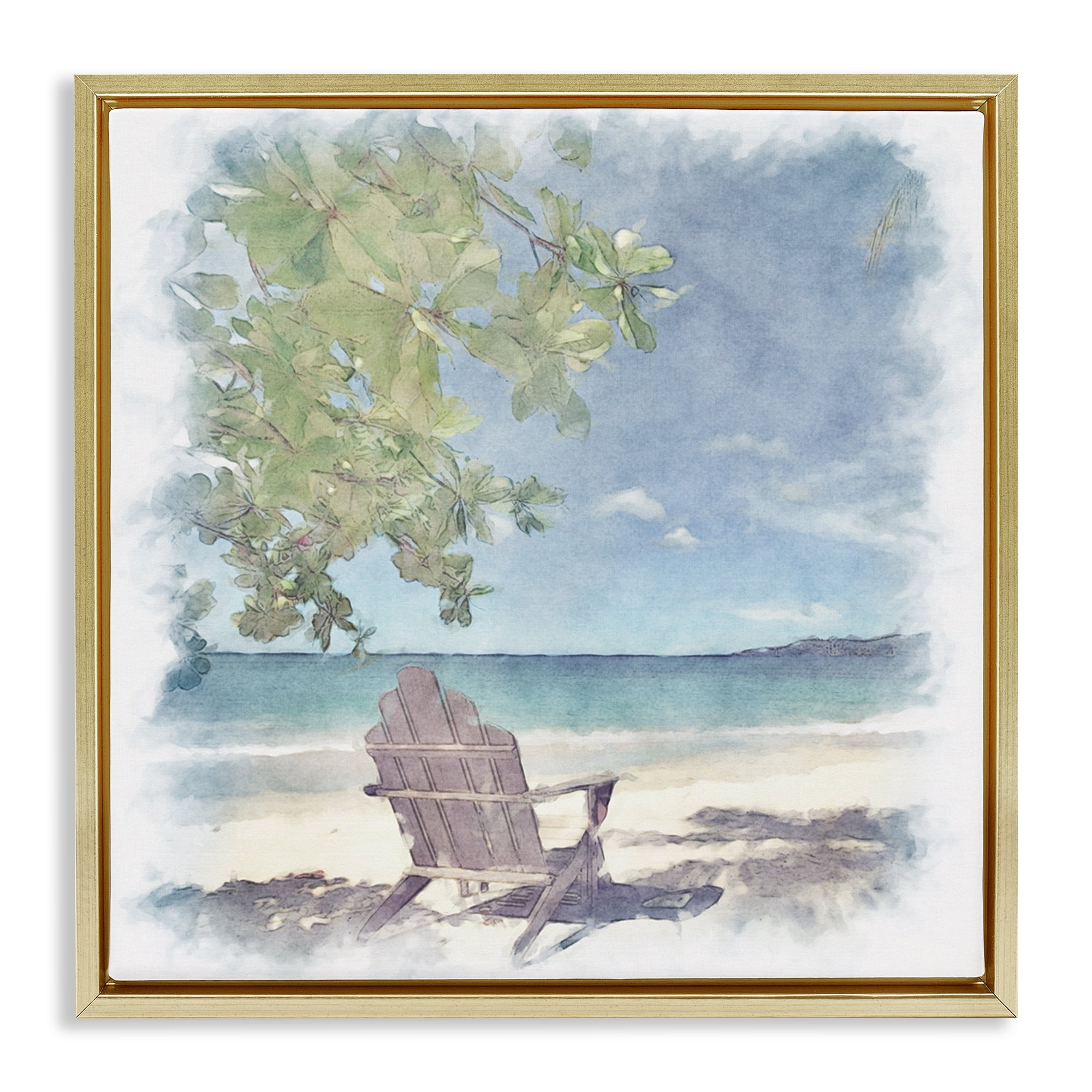 Stupell Industries Lone Chair Beach Shore Landscape & Nature Painting Gold Floater Framed Canvas Art Print Wall Art, 25 x 25