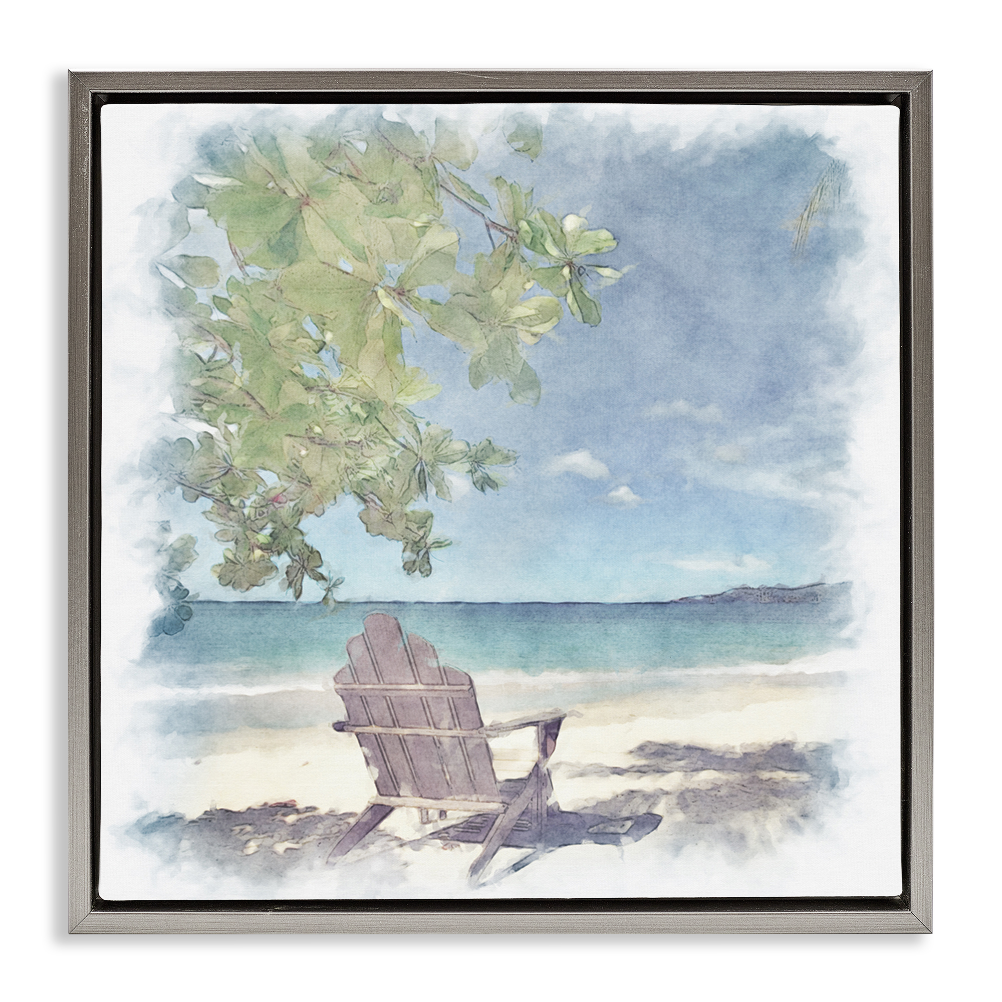 Stupell Industries Lone Chair Beach Shore Landscape & Nature Painting Gray Floater Framed Canvas Art Print Wall Art, 18 x 18