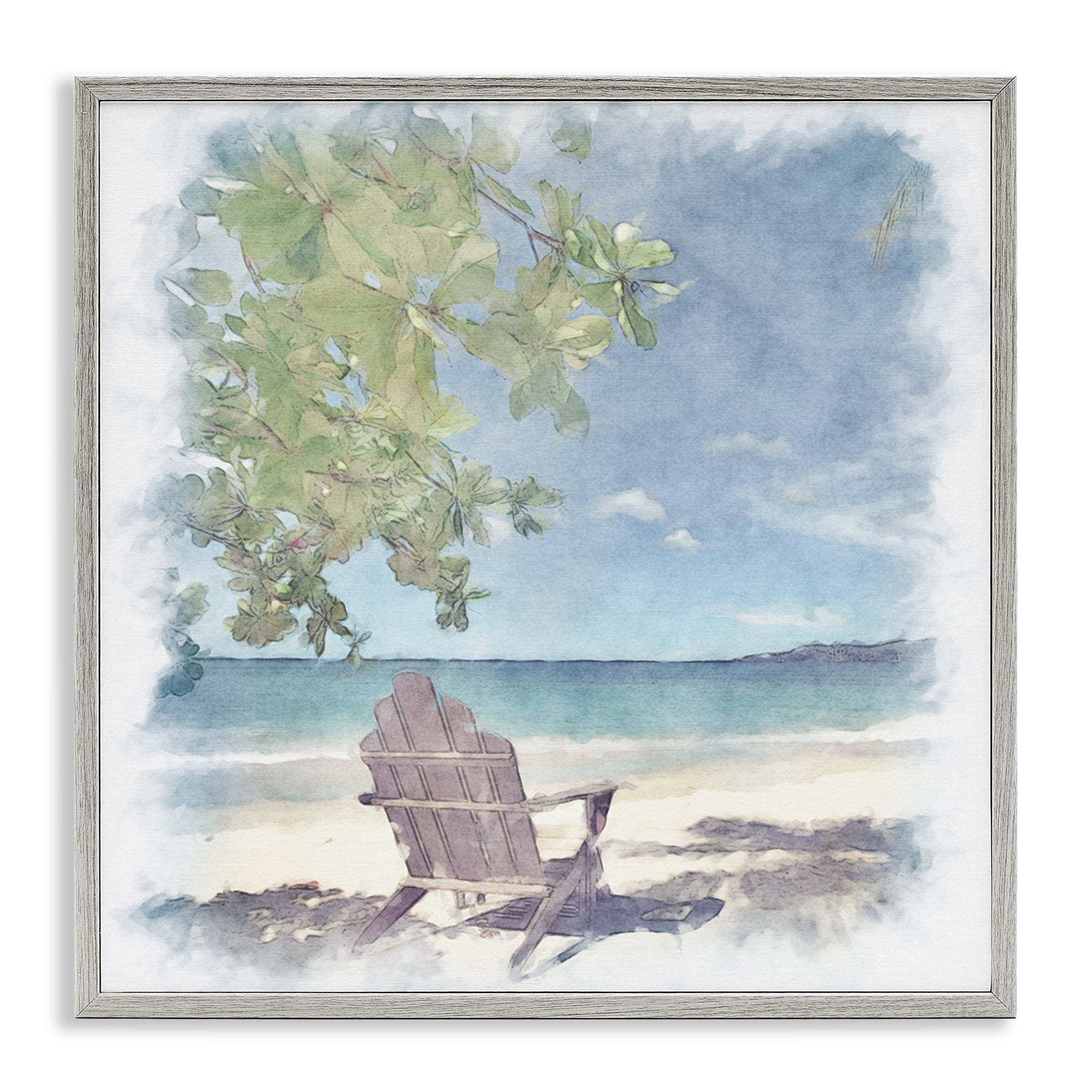 Stupell Industries Lone Chair Beach Shore Landscape & Nature Painting Gray Framed Art Print Wall Art, 24 x 24