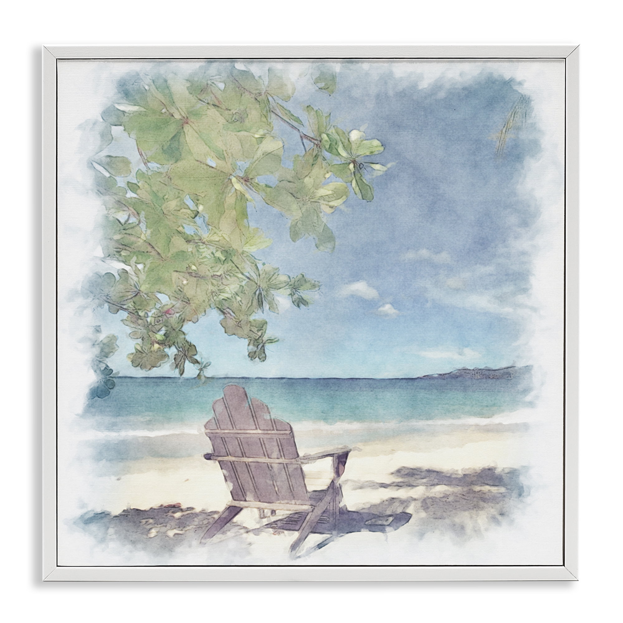 Stupell Industries Lone Chair Beach Shore Landscape & Nature Painting White Framed Art Print Wall Art, 17 x 17