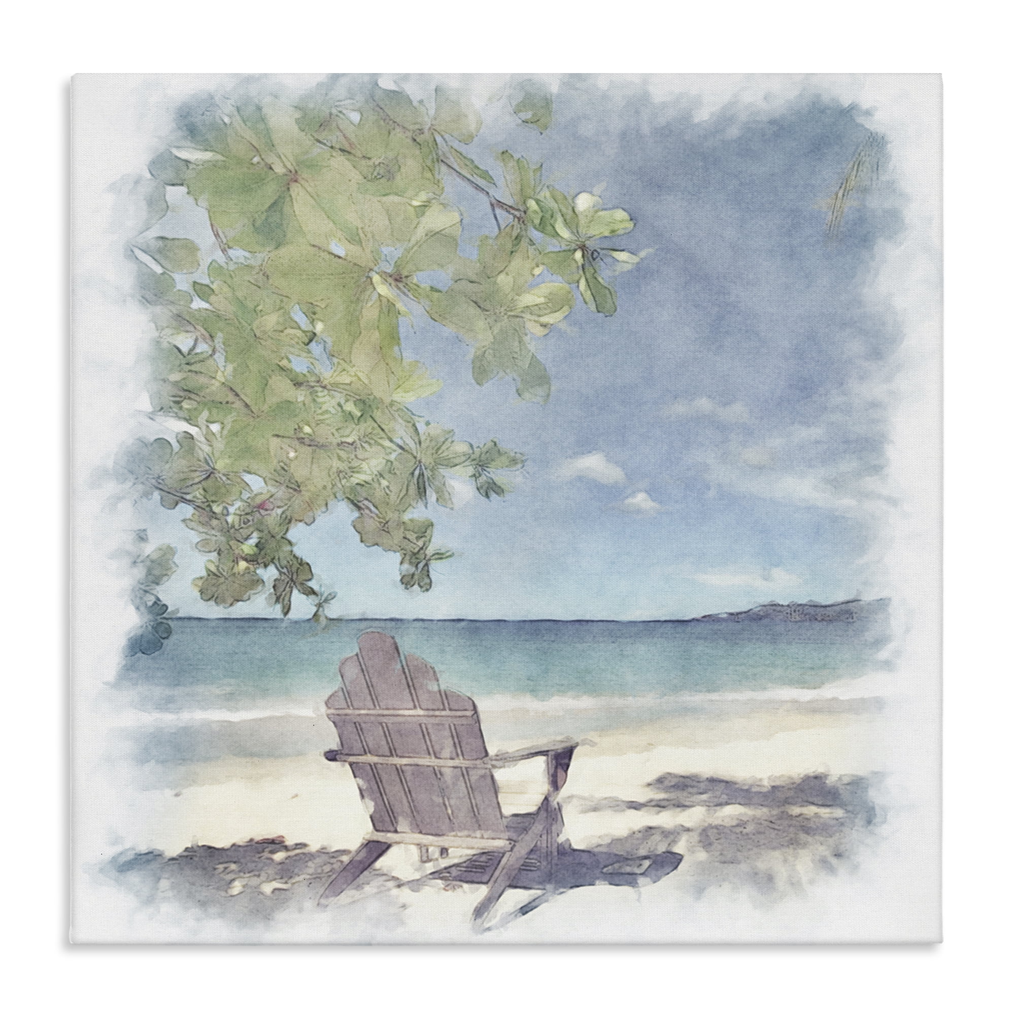 Stupell Industries Lone Chair Beach Shore Landscape & Nature Painting Wrapped Canvas Art Print Wall Art, 17 x 17