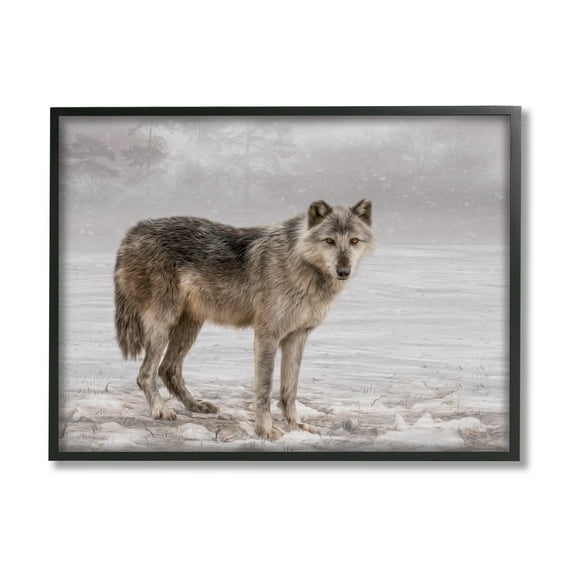 Stupell Industries Lone Coyote Wolf Snowy Field Landscape Intricate Details Graphic Art Black Framed Art Print Wall Art, Design by Kelley Parker