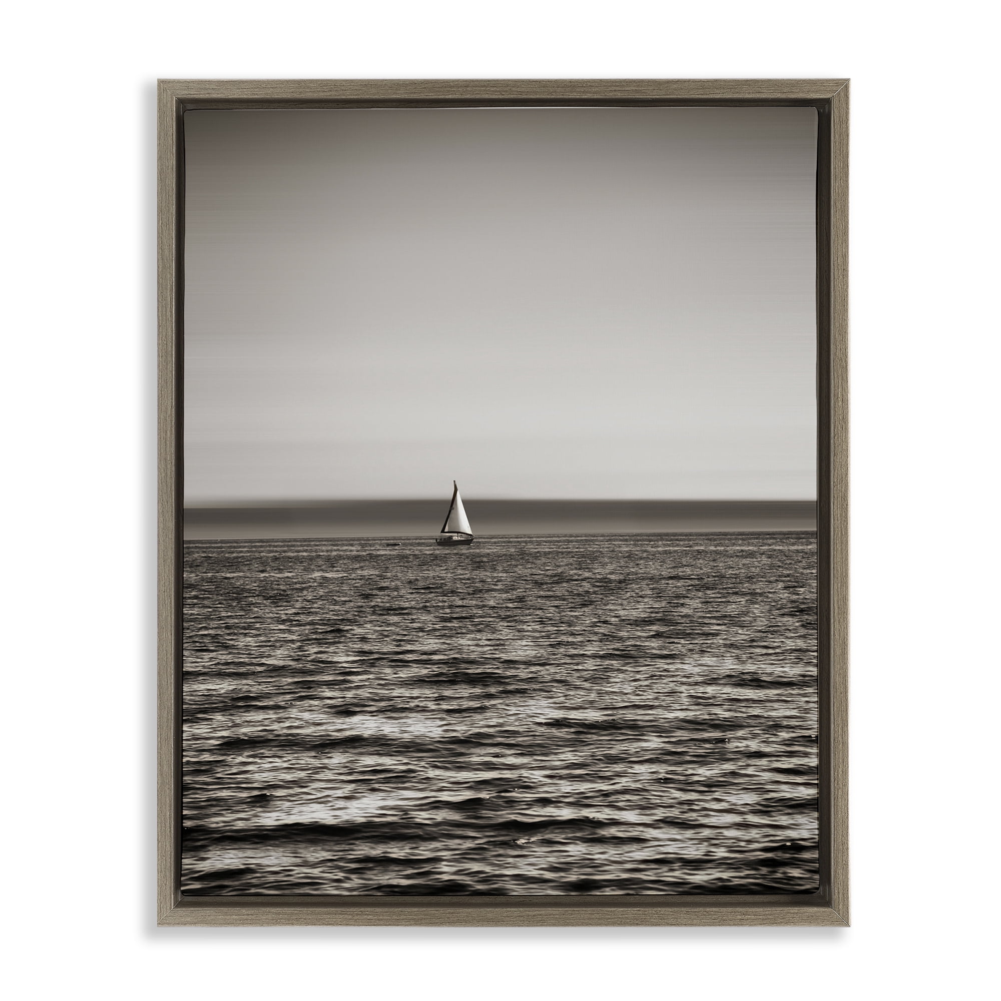 Stupell Industries Lone Distant Sailboat Coastal Photography Brown Floater Framed Canvas Art Print Wall Art, 17 x 21