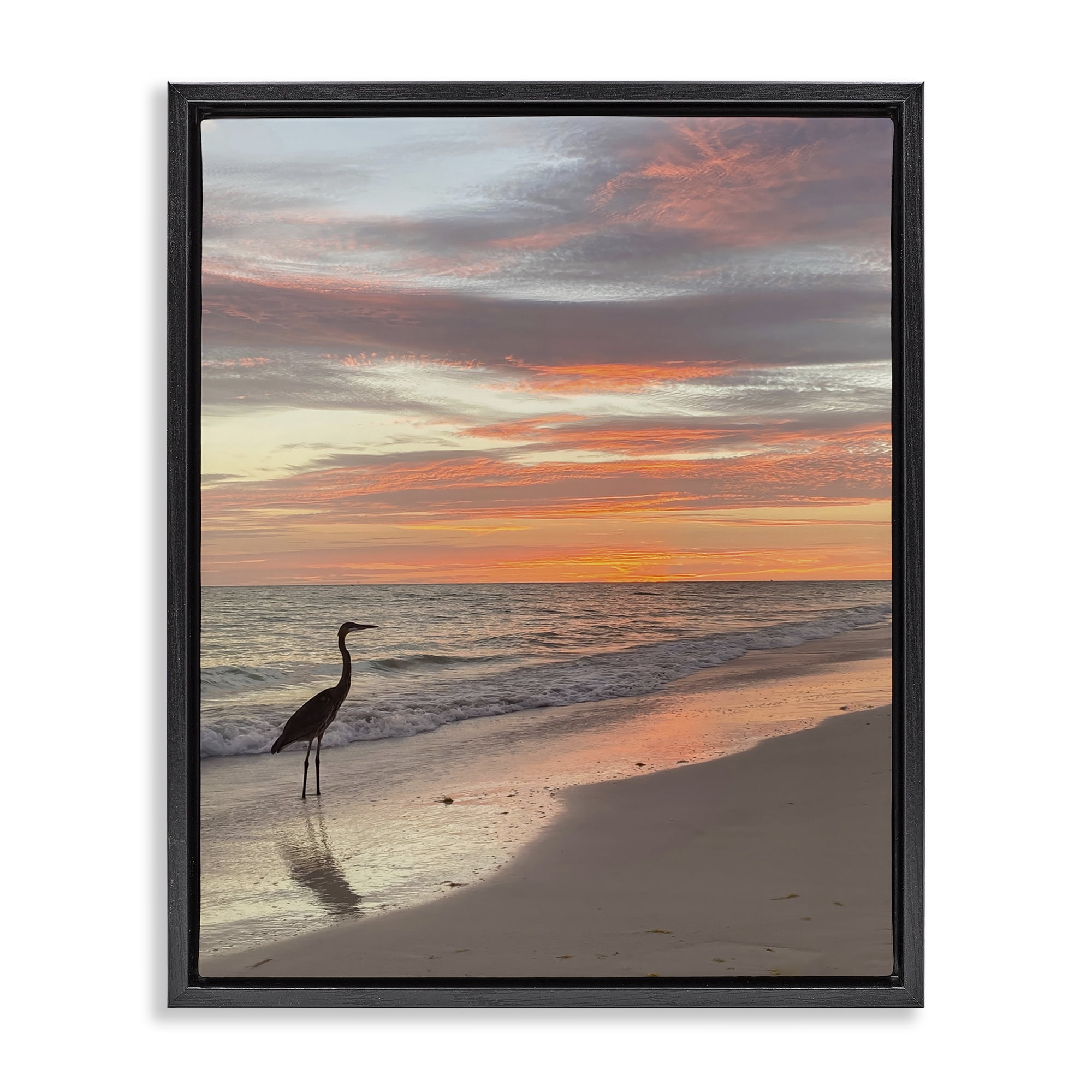 Stupell Industries Lone Egret on Beach Nautical & Beach Photography Black Floater Framed Canvas Art Print Wall Art, 17 x 21