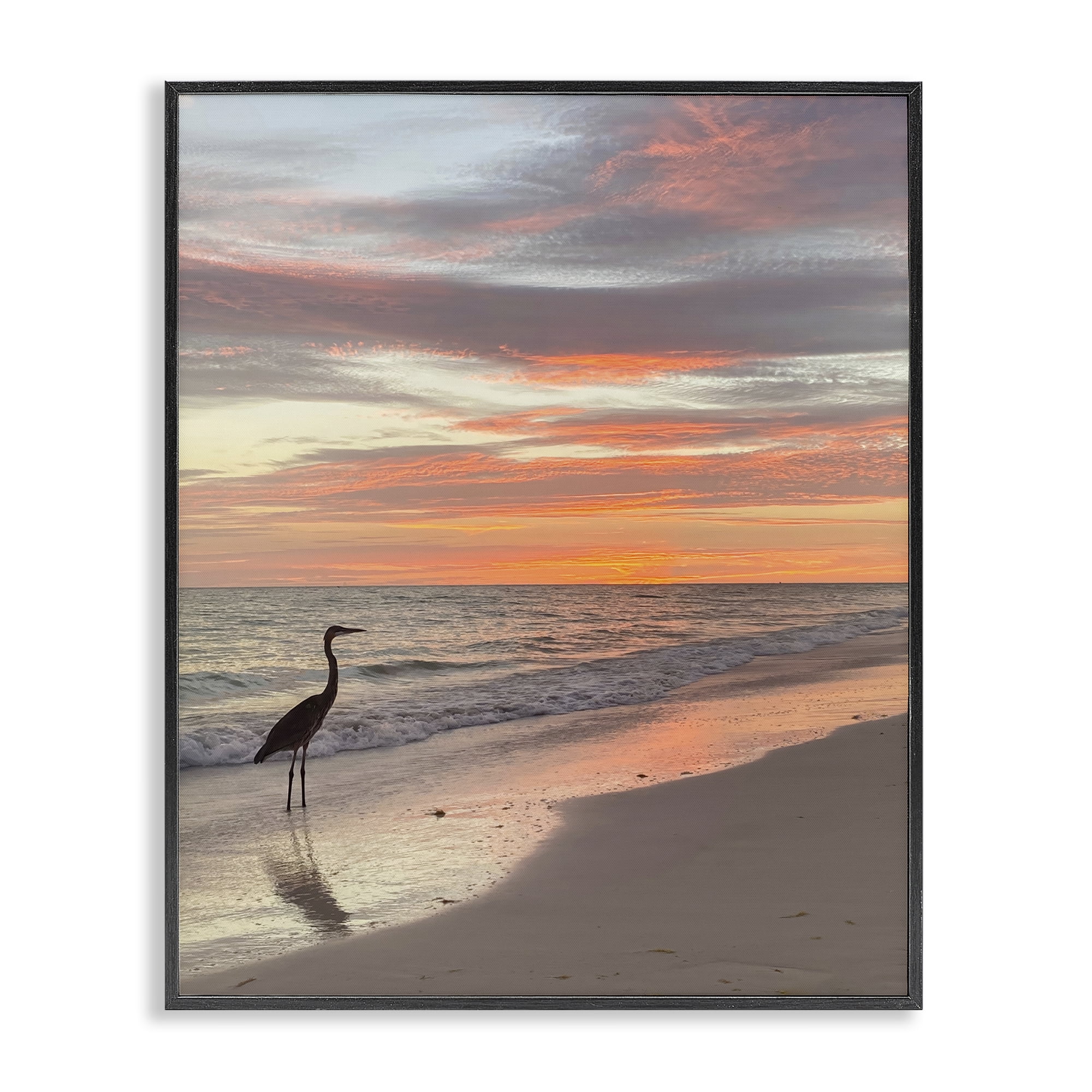 Stupell Industries Lone Egret on Beach Nautical & Beach Photography Black Framed Art Print Wall Art, 11 x 14