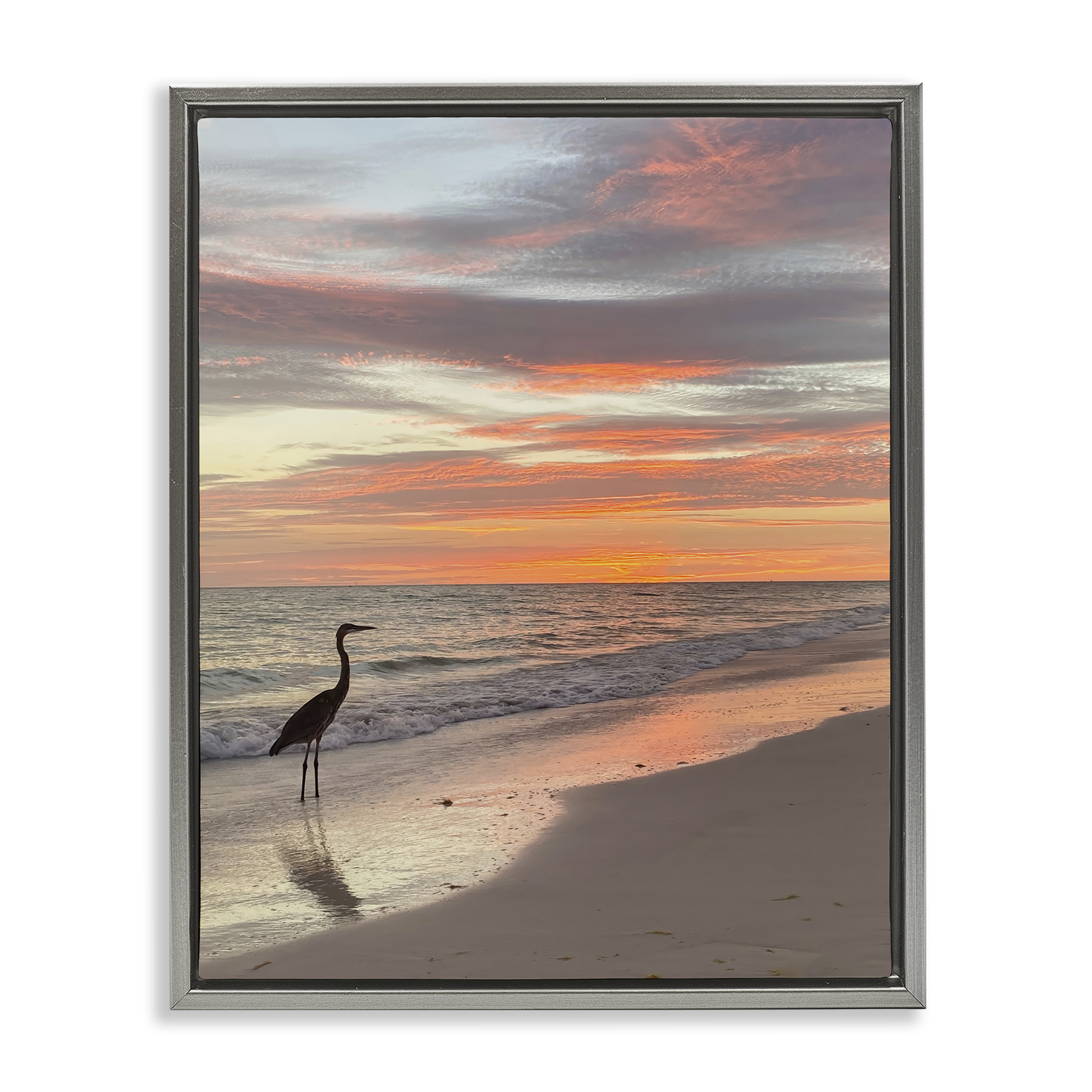 Stupell Industries Lone Egret on Beach Nautical & Beach Photography Gray Floater Framed Canvas Art Print Wall Art, 25 x 31