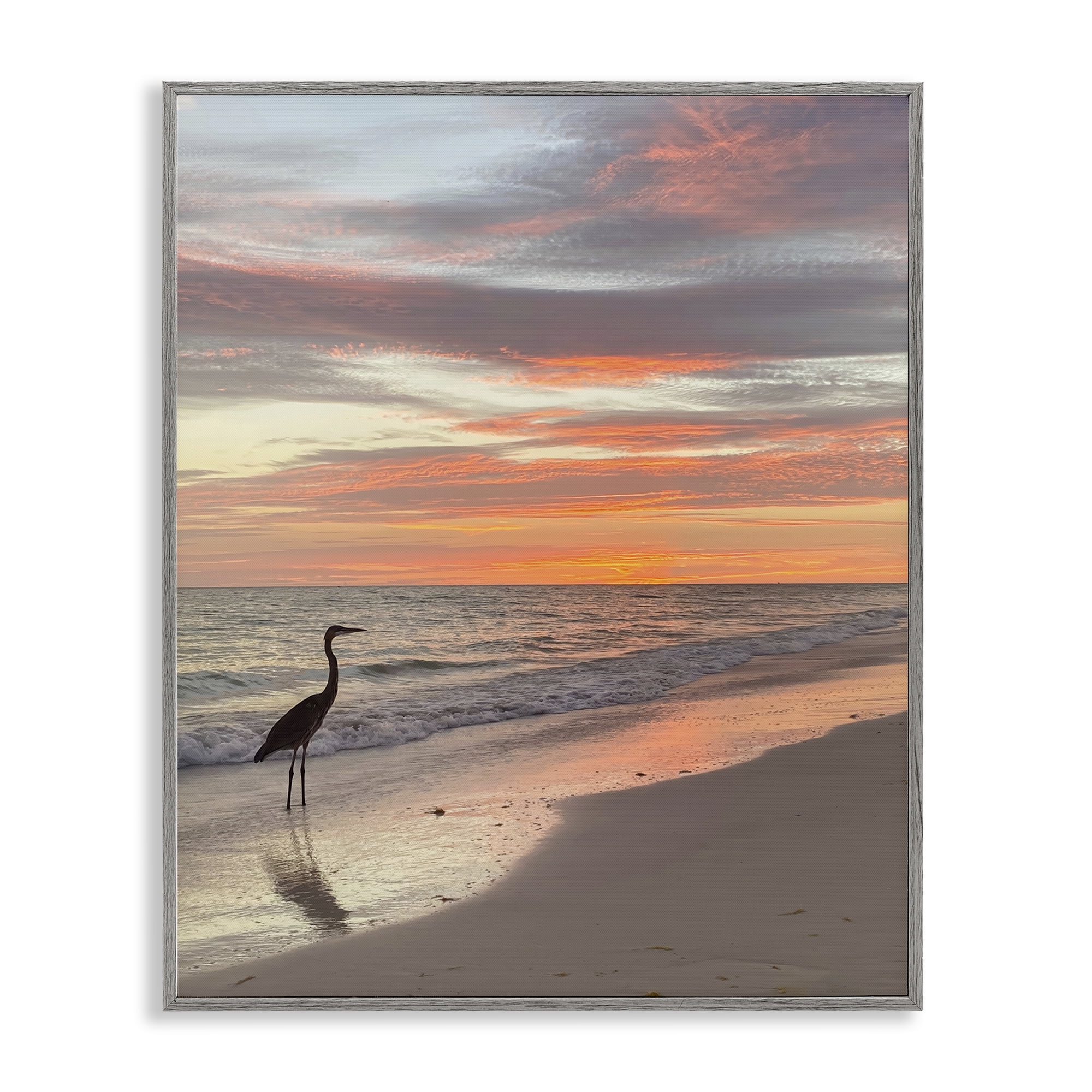 Stupell Industries Lone Egret on Beach Nautical & Beach Photography Gray Framed Art Print Wall Art, 11 x 14