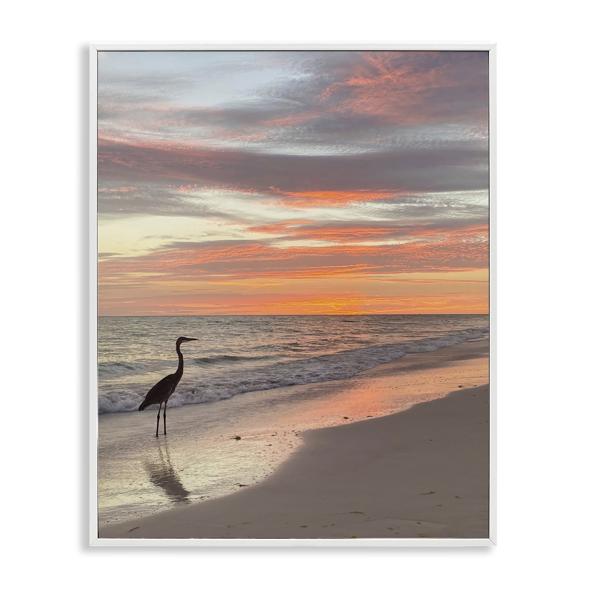 Stupell Industries Lone Egret on Beach Nautical & Beach Photography White Framed Art Print Wall Art, 24 x 30