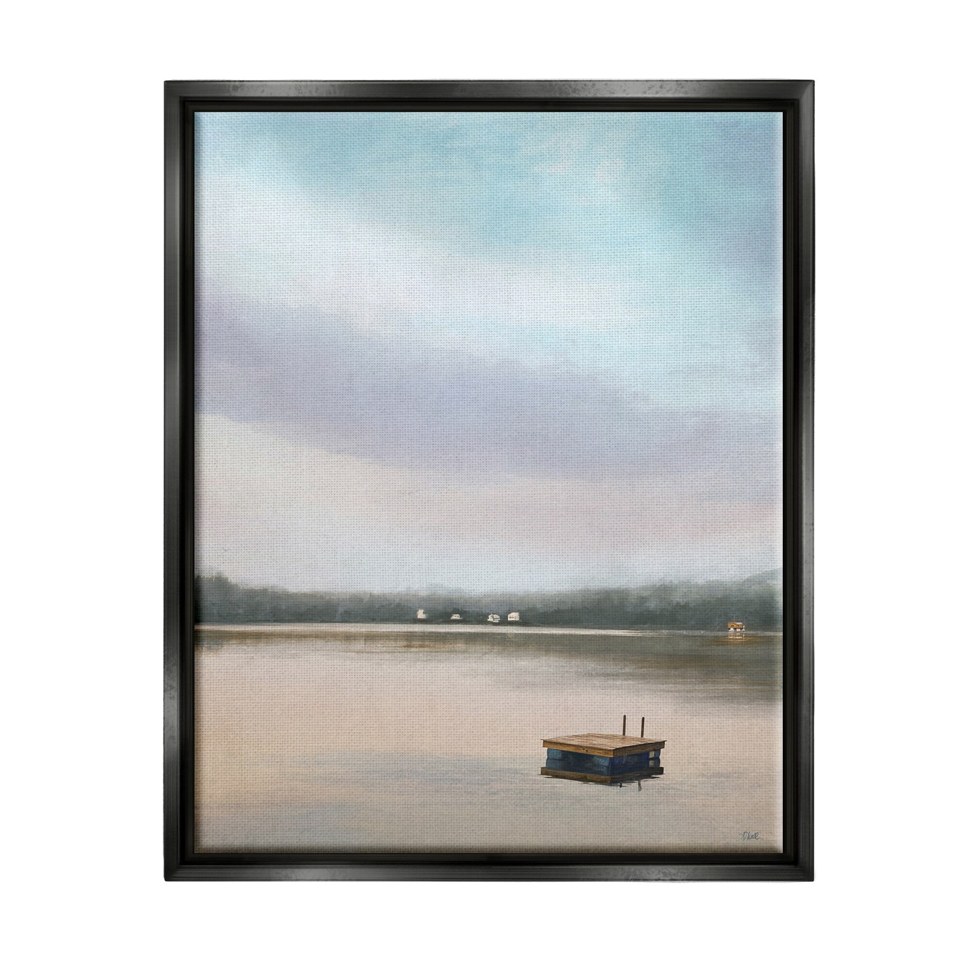 Stupell Industries Lone Floating Dock Serene Lake View Pastel Sky Painting Jet Black Floating Framed Canvas Print Wall Art, Design by Amy Hall