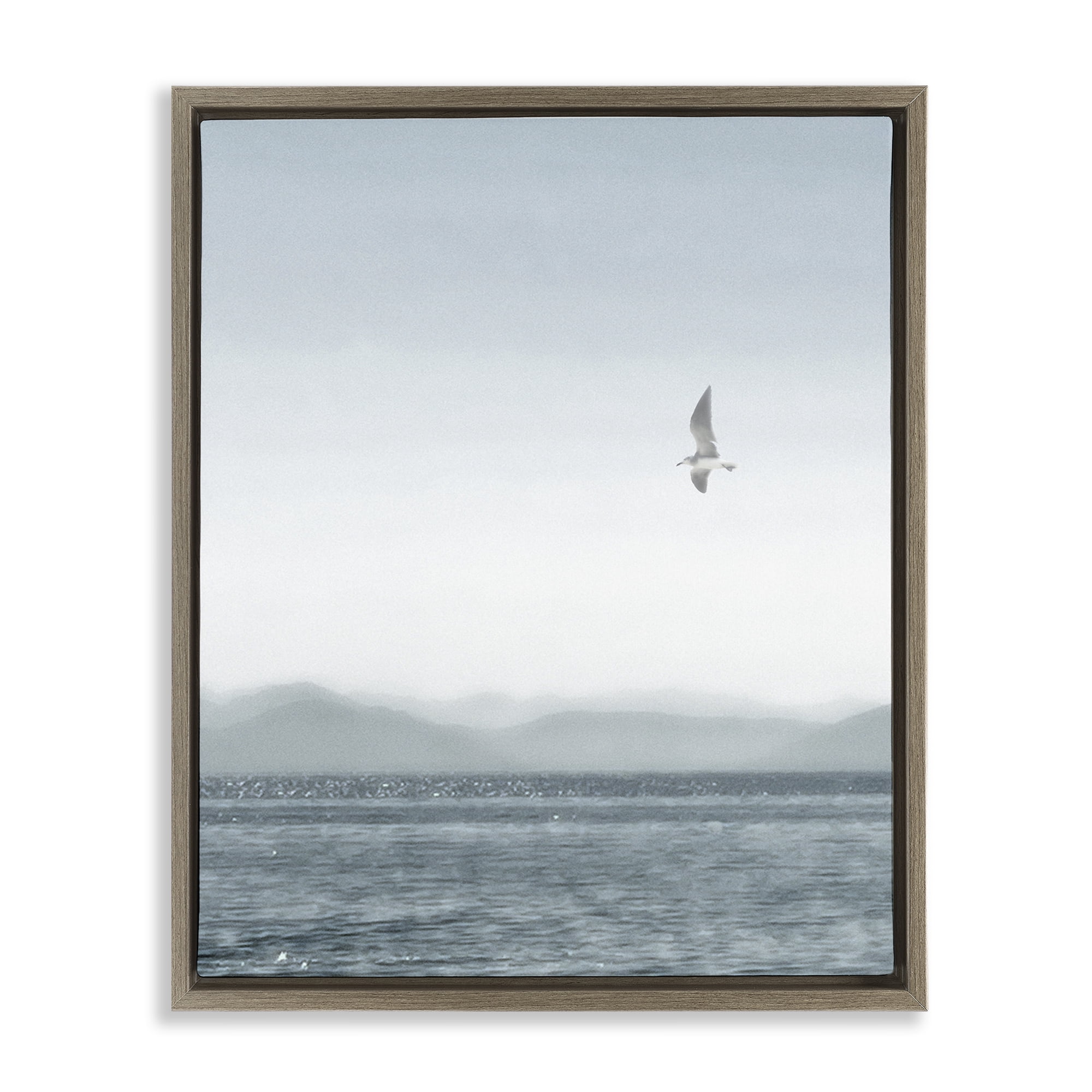 Stupell Industries Lone Gull over Sea Coastal Painting Brown Floater Framed Canvas Art Print Wall Art, 25 x 31