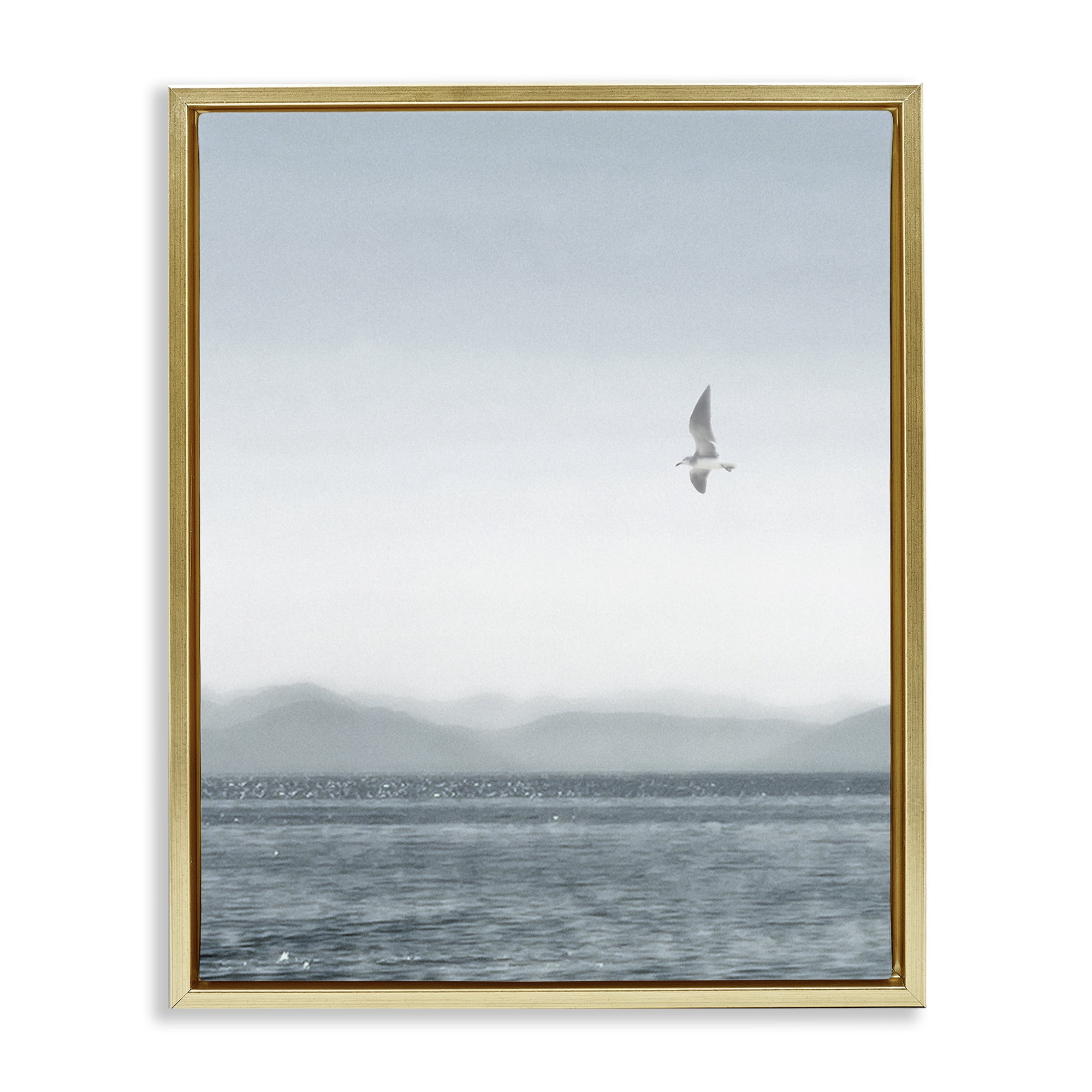 Stupell Industries Lone Gull over Sea Coastal Painting Gold Floater Framed Canvas Art Print Wall Art, 17 x 21