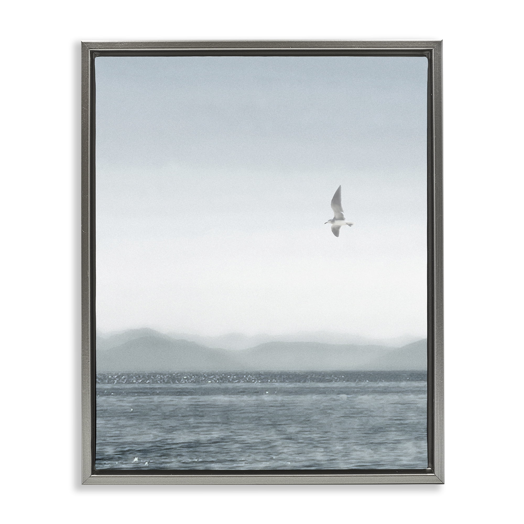 Stupell Industries Lone Gull over Sea Coastal Painting Gray Floater Framed Canvas Art Print Wall Art, 17 x 21