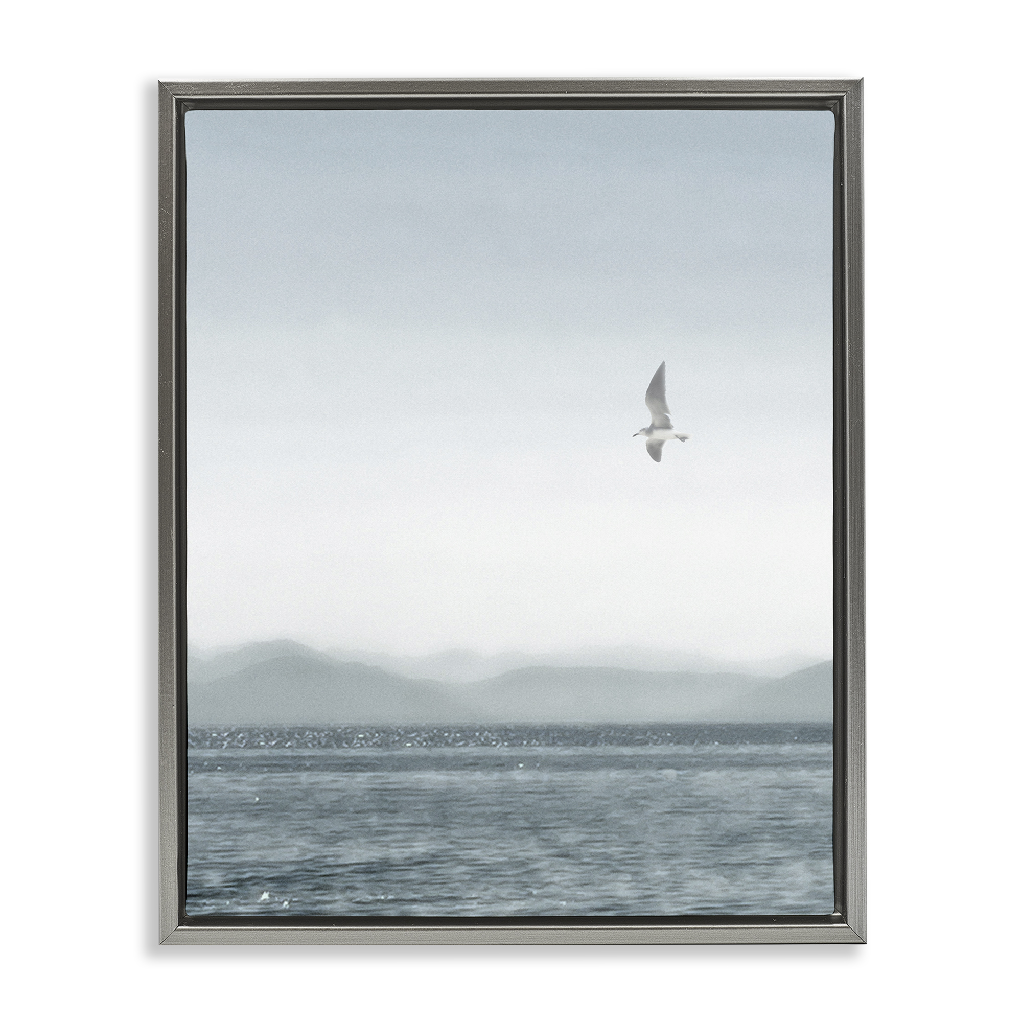 Stupell Industries Lone Gull over Sea Coastal Painting Gray Floater Framed Canvas Art Print Wall Art, 25 x 31