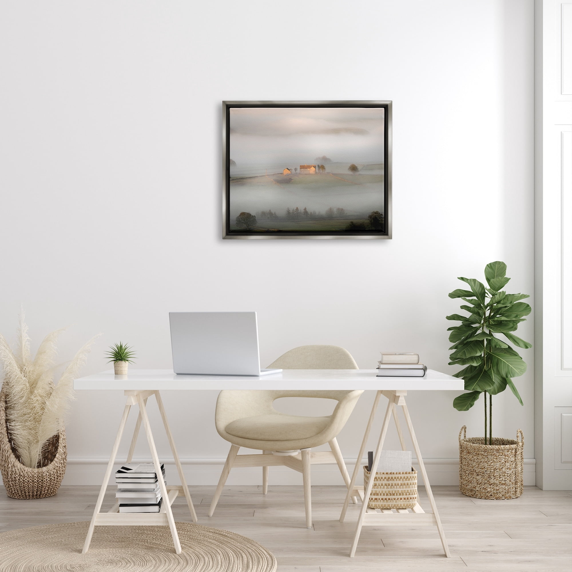 Stupell Industries Lone Misty Cottage Rural Fields Thick Fog Photograph Luster Gray Floating Framed Canvas Print Wall Art, Design by James Dobson