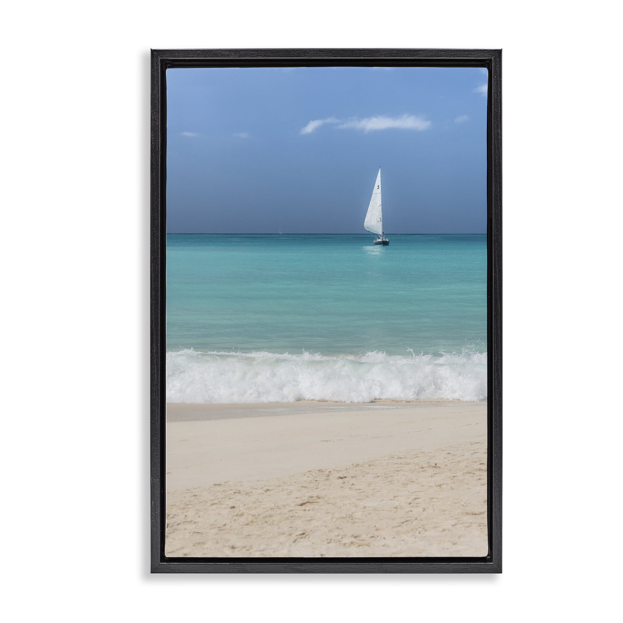 Stupell Industries Lone Sailboat Beach Tide Nautical & Beach Photography Black Floater Framed Canvas Art Print Wall Art, 21 x 31