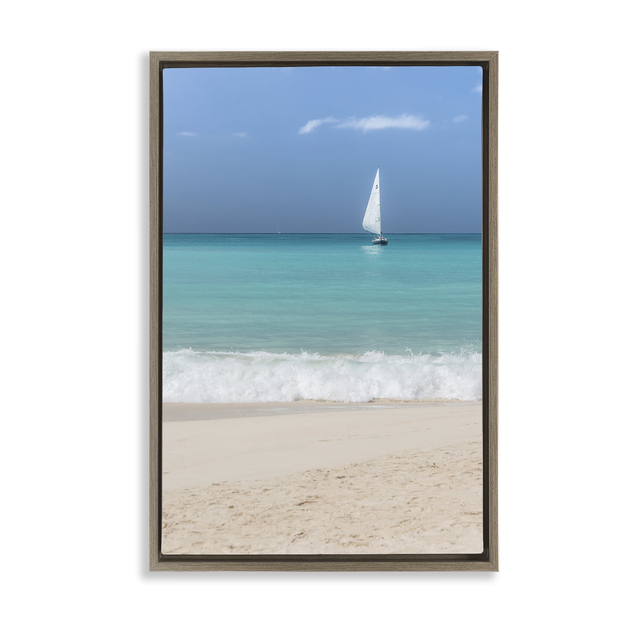 Stupell Industries Lone Sailboat Beach Tide Nautical & Beach Photography Brown Floater Framed Canvas Art Print Wall Art, 21 x 31