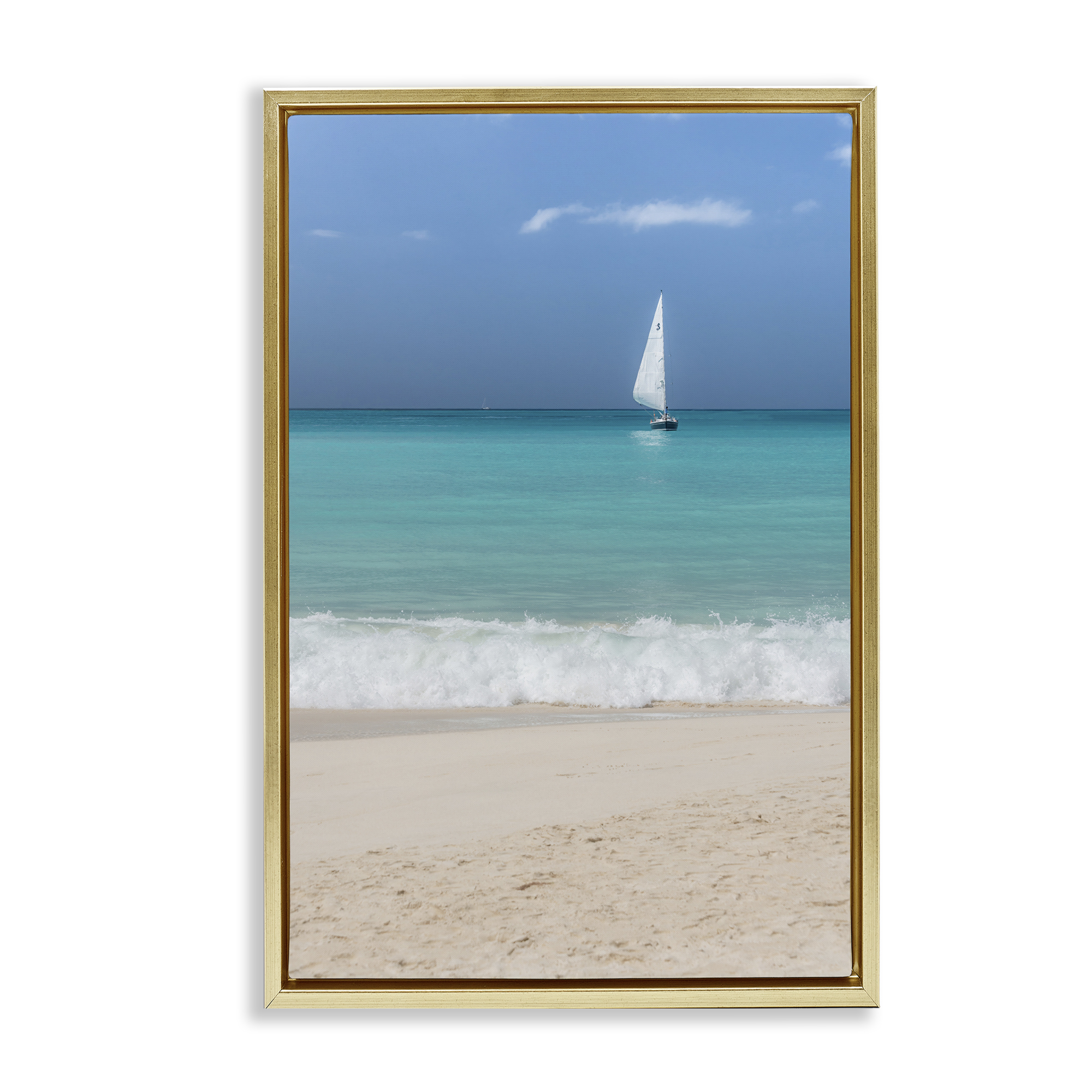 Stupell Industries Lone Sailboat Beach Tide Nautical & Beach Photography Gold Floater Framed Canvas Art Print Wall Art, 17 x 25