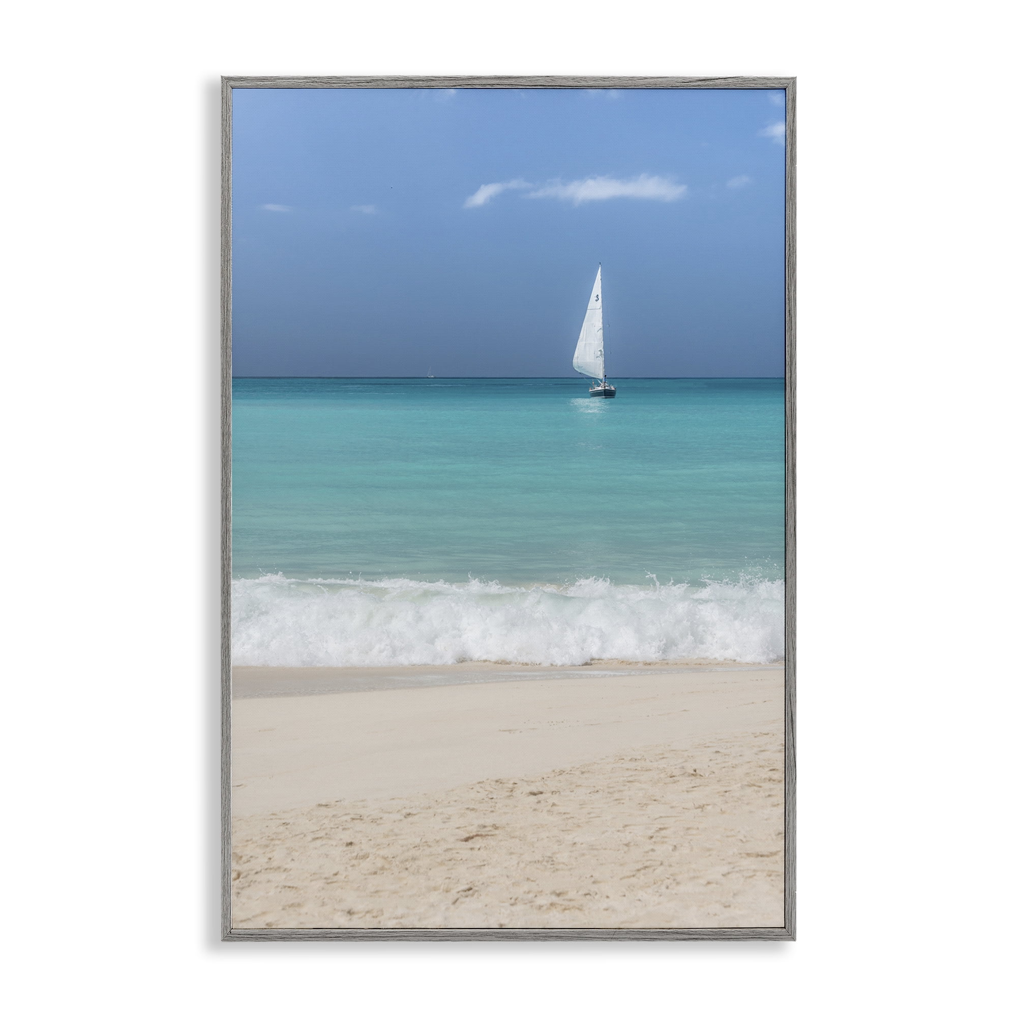 Stupell Industries Lone Sailboat Beach Tide Nautical & Beach Photography Gray Framed Art Print Wall Art, 12 x 18