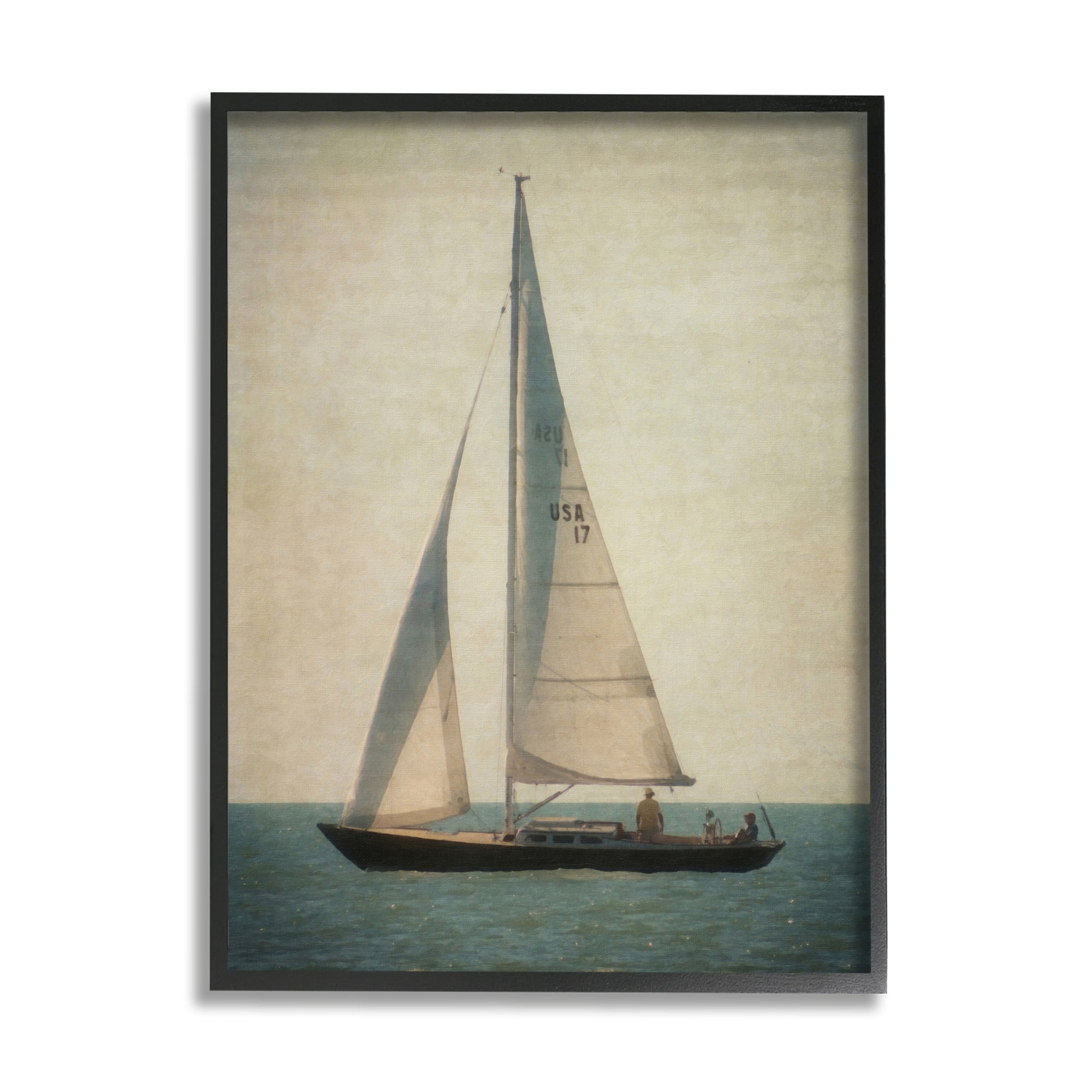Stupell Industries Lone Sailboat People Relaxing Quiet Ocean Landscape Painting Black Framed Art Print Wall Art, Design by Graffitee Studios
