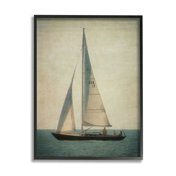 Stupell Industries Lone Sailboat People Relaxing Quiet Ocean Landscape Painting Black Framed Art Print Wall Art, Design by Graffitee Studios