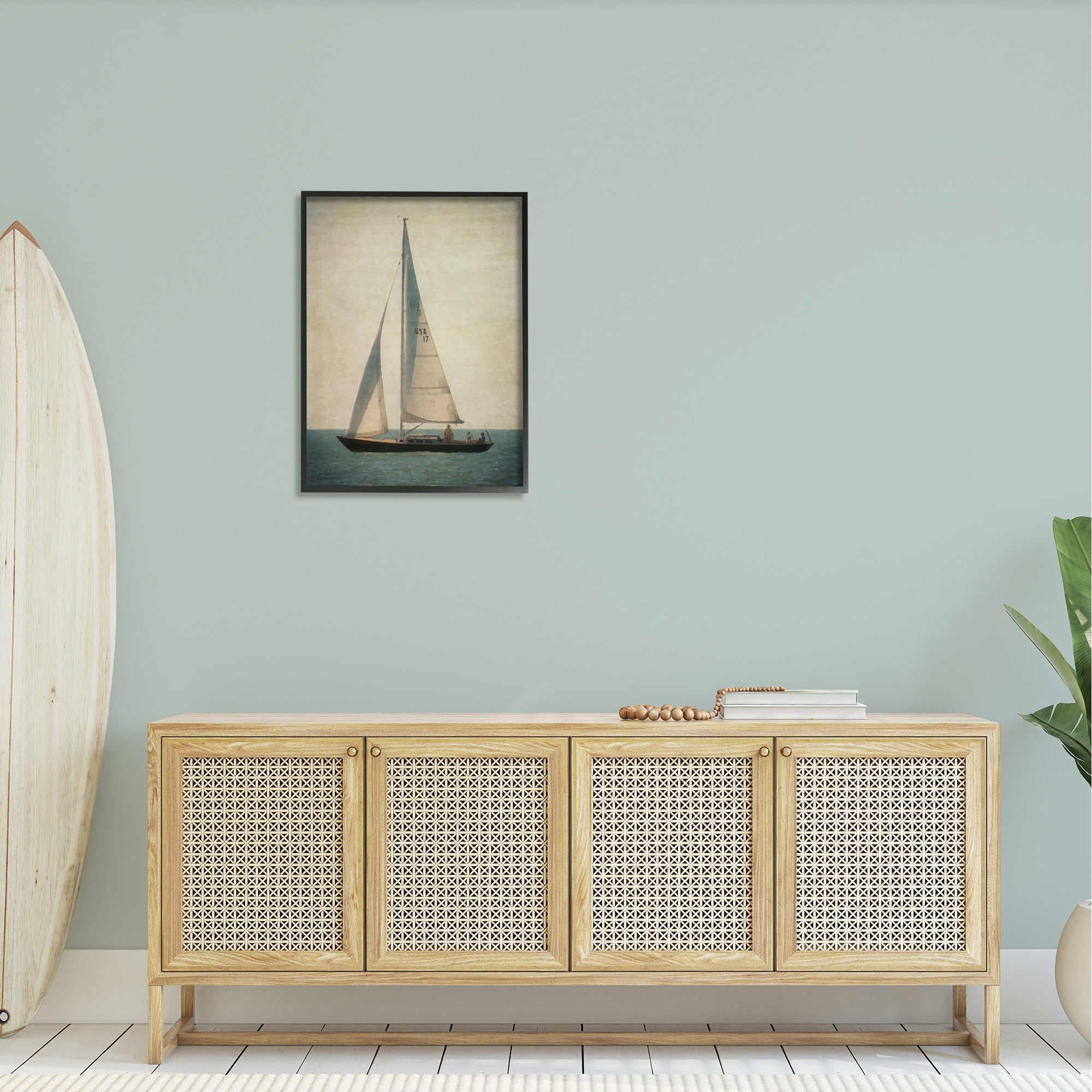 Stupell Industries Lone Sailboat People Relaxing Quiet Ocean Landscape Painting Black Framed Art Print Wall Art, Design by Graffitee Studios