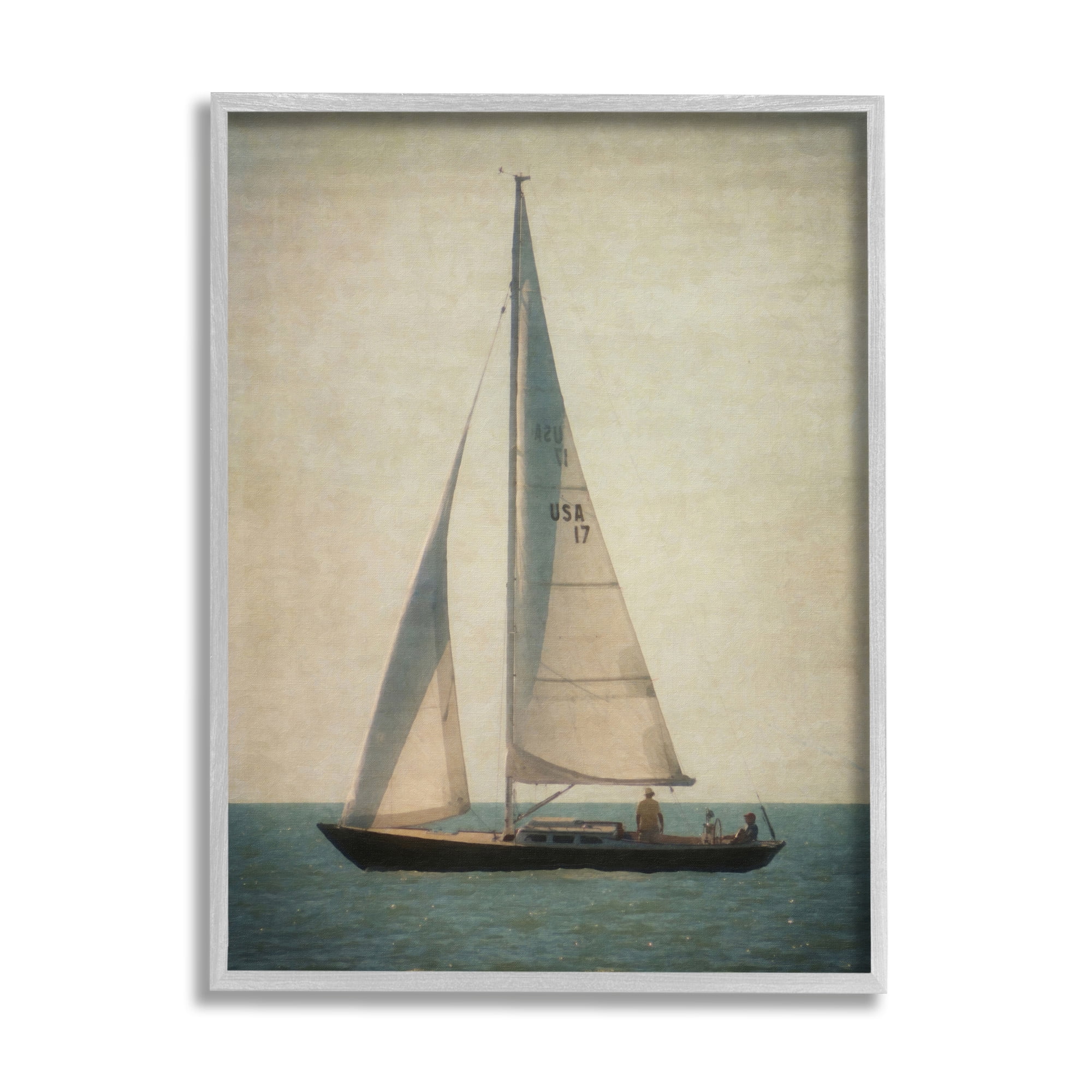 Stupell Industries Lone Sailboat People Relaxing Quiet Ocean Landscape Painting Gray Framed Art Print Wall Art, Design by Graffitee Studios