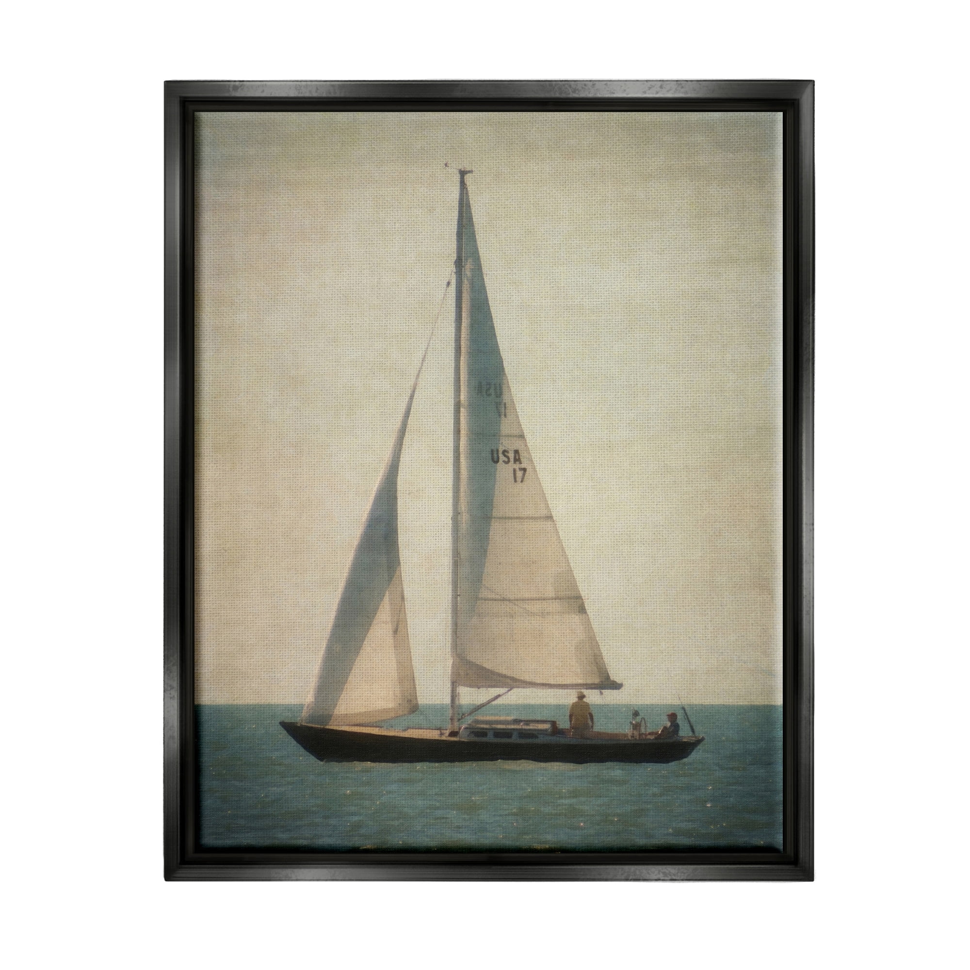Stupell Industries Lone Sailboat People Relaxing Quiet Ocean Landscape Painting Jet Black Floating Framed Canvas Print Wall Art, Design by Graffitee Studios