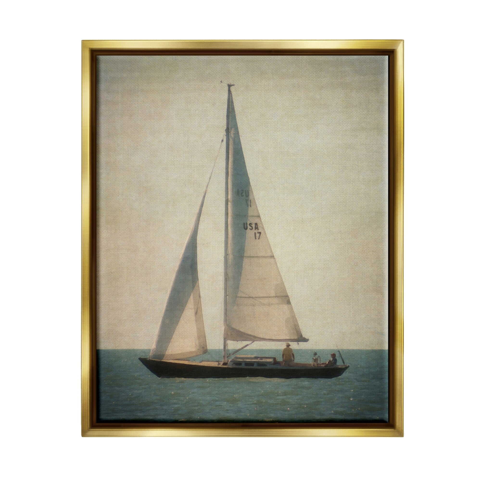Stupell Industries Lone Sailboat People Relaxing Quiet Ocean Landscape Painting Metallic Gold Floating Framed Canvas Print Wall Art, Design by Graffitee Studios