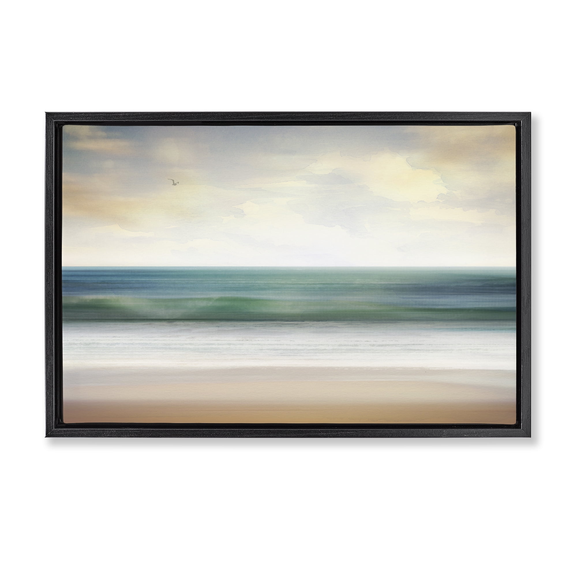 Stupell Industries Lone Seagull Over Beach Landscape Painting Black Floater Framed Canvas Art Print Wall Art, 25 x 17