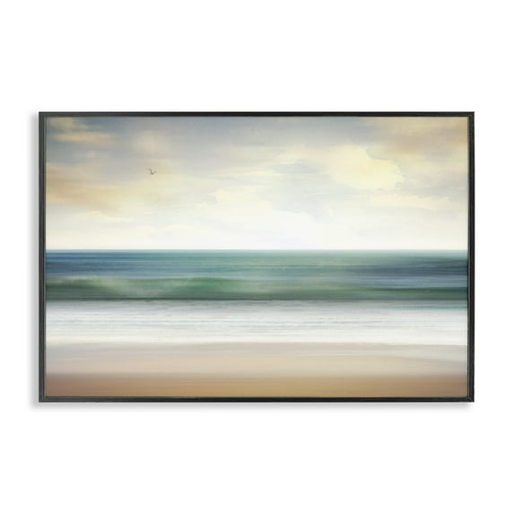 Stupell Industries Lone Seagull Over Beach Landscape Painting Black Framed Art Print Wall Art, 18 x 12