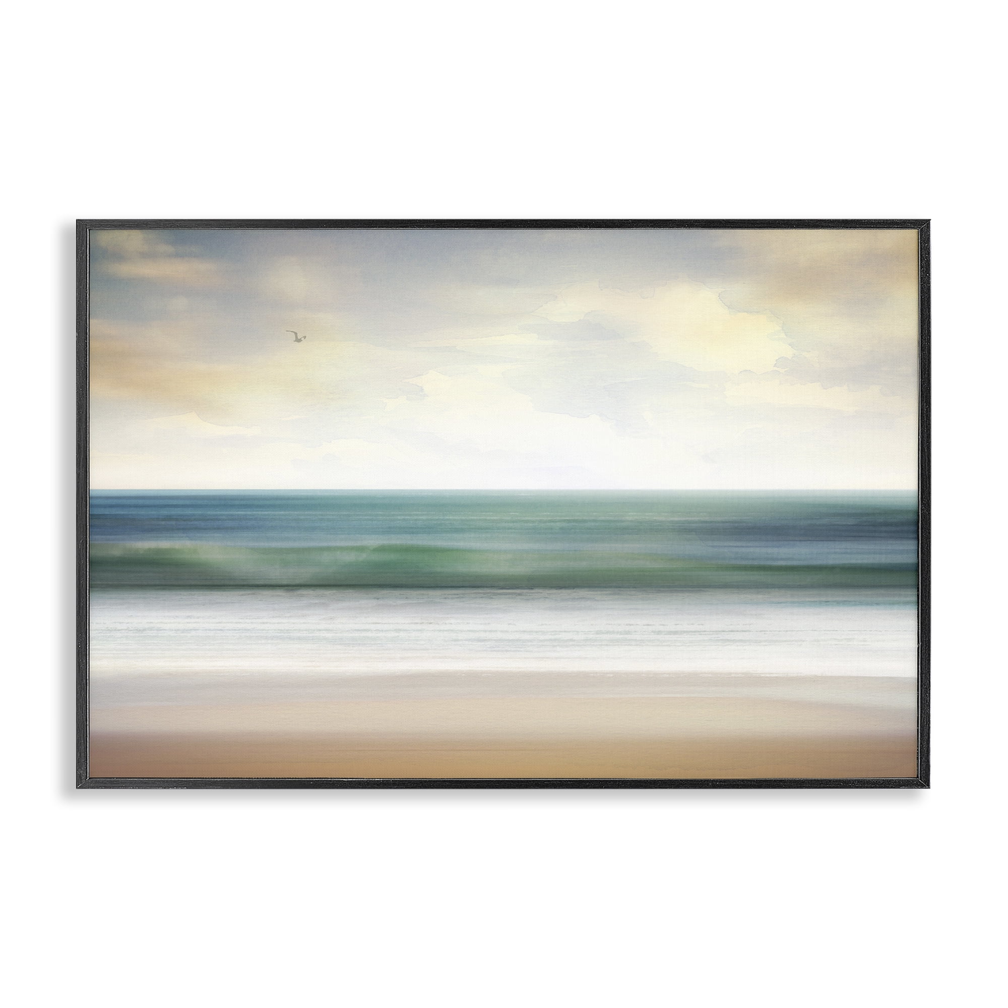 Stupell Industries Lone Seagull Over Beach Landscape Painting Black Framed Art Print Wall Art, 30 x 20