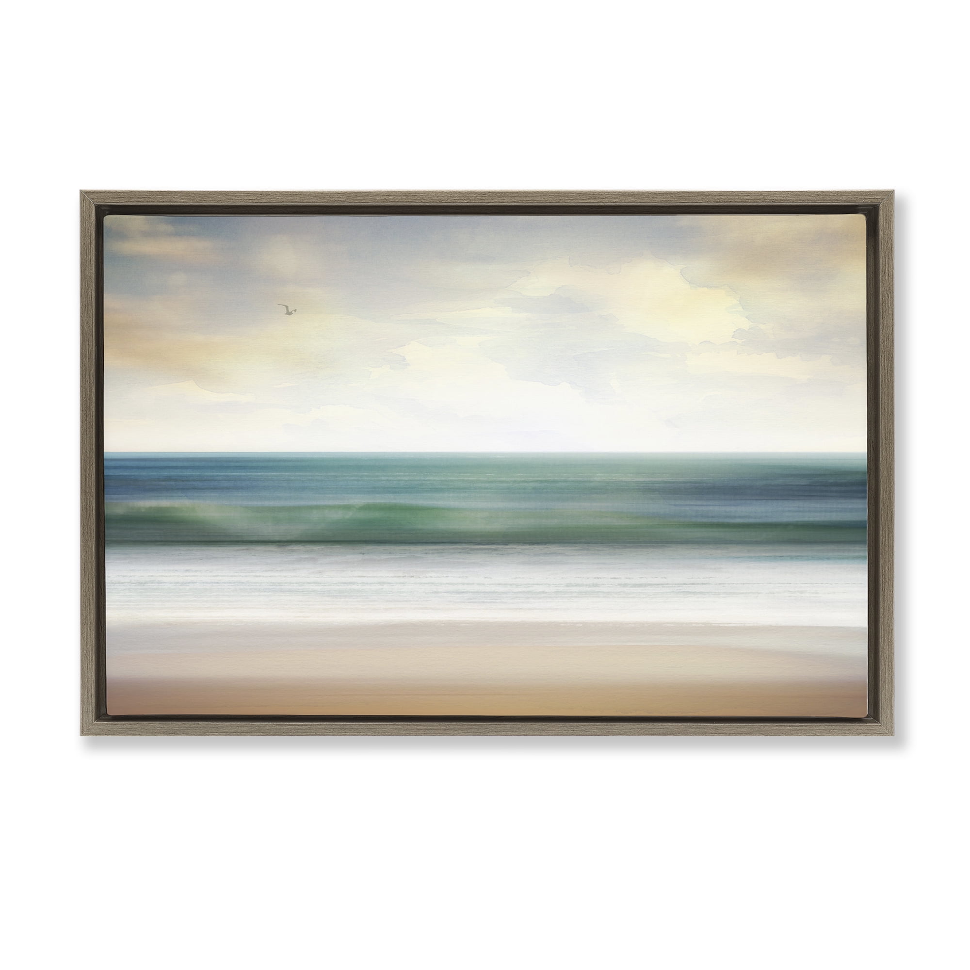 Stupell Industries Lone Seagull Over Beach Landscape Painting Brown Floater Framed Canvas Art Print Wall Art, 25 x 17