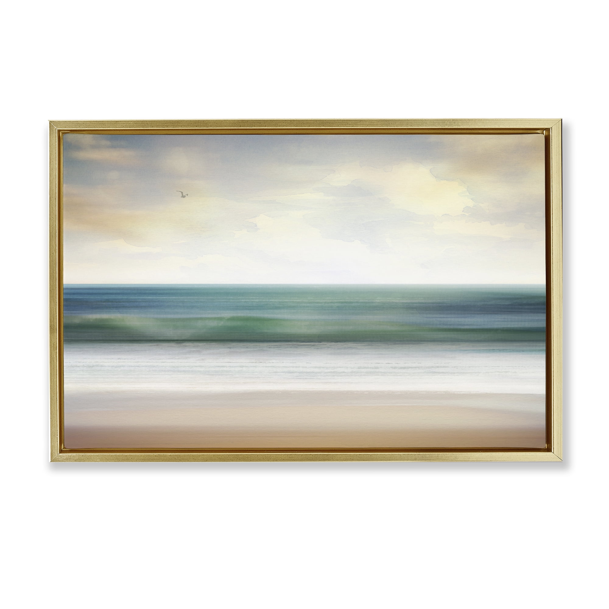 Stupell Industries Lone Seagull Over Beach Landscape Painting Gold Floater Framed Canvas Art Print Wall Art, 31 x 21