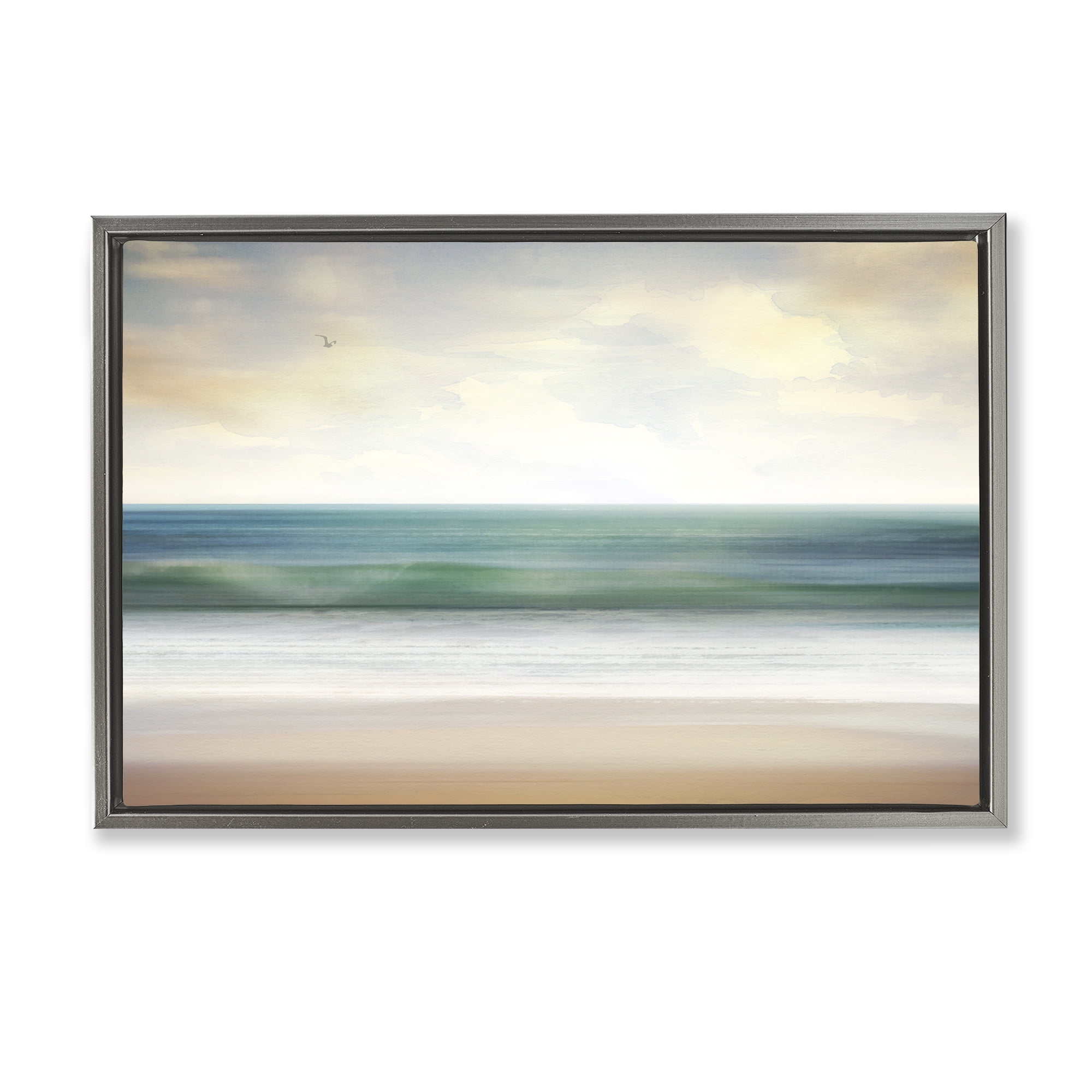 Stupell Industries Lone Seagull Over Beach Landscape Painting Gray Floater Framed Canvas Art Print Wall Art, 25 x 17
