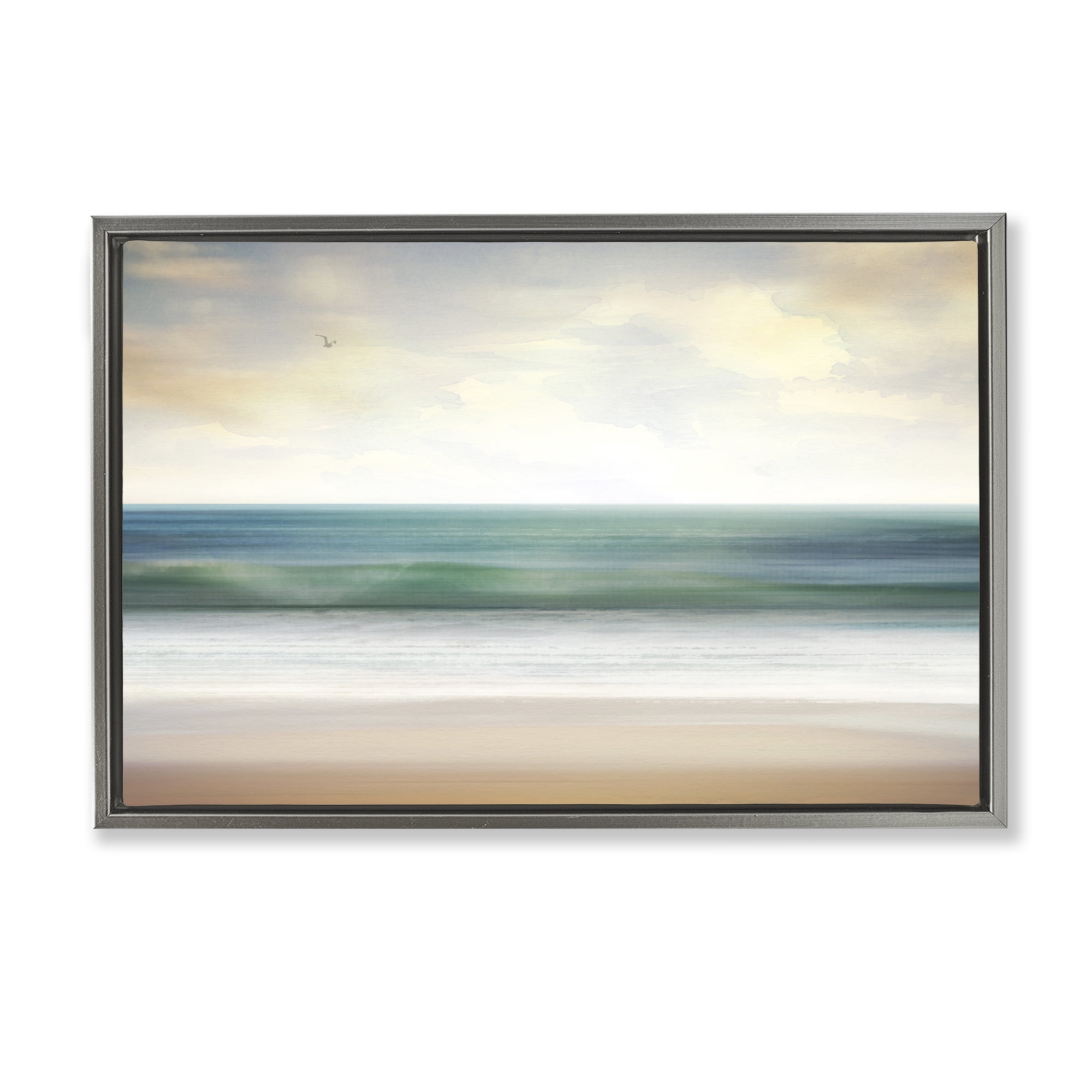 Stupell Industries Lone Seagull Over Beach Landscape Painting Gray Floater Framed Canvas Art Print Wall Art, 31 x 21