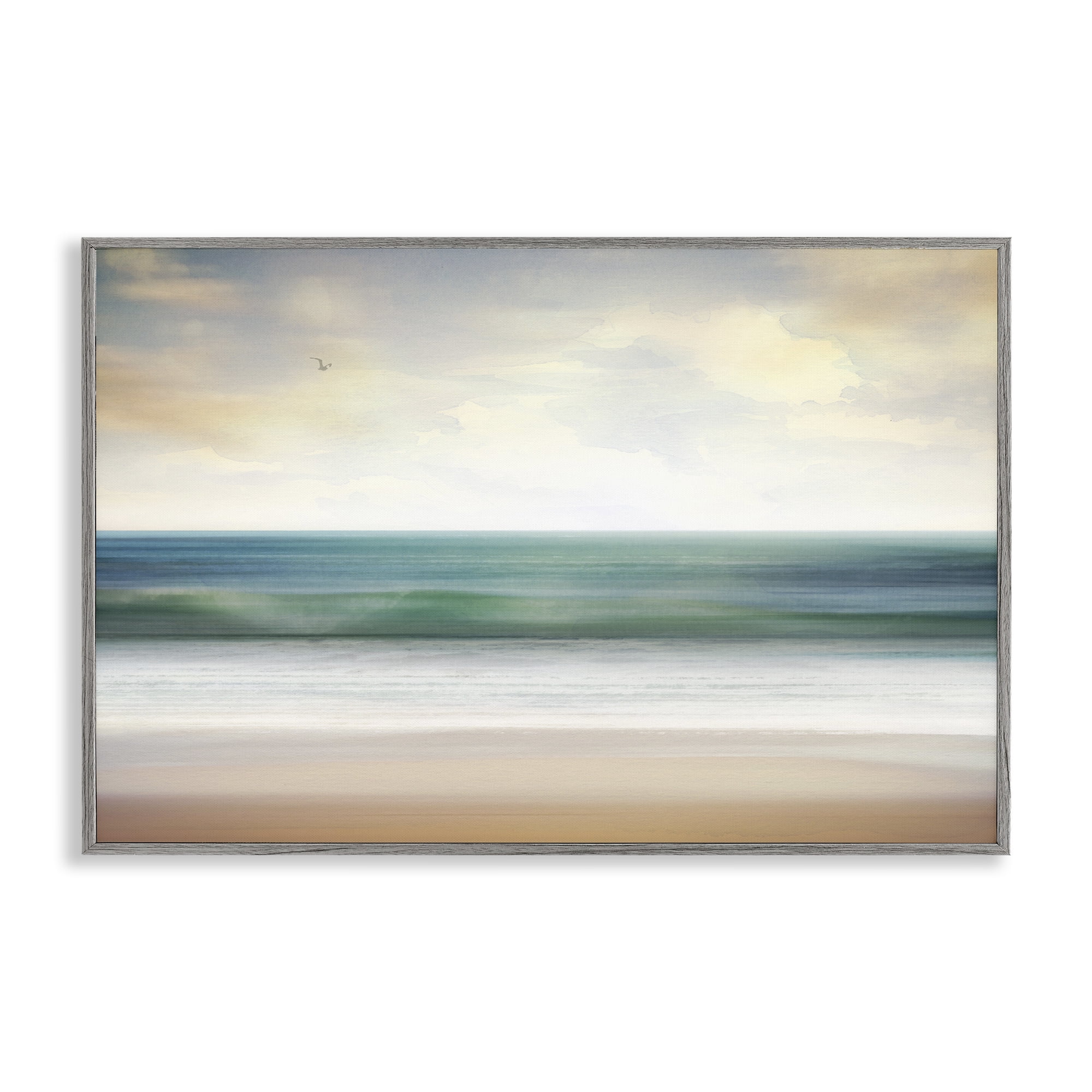 Stupell Industries Lone Seagull Over Beach Landscape Painting Gray Framed Art Print Wall Art, 24 x 16