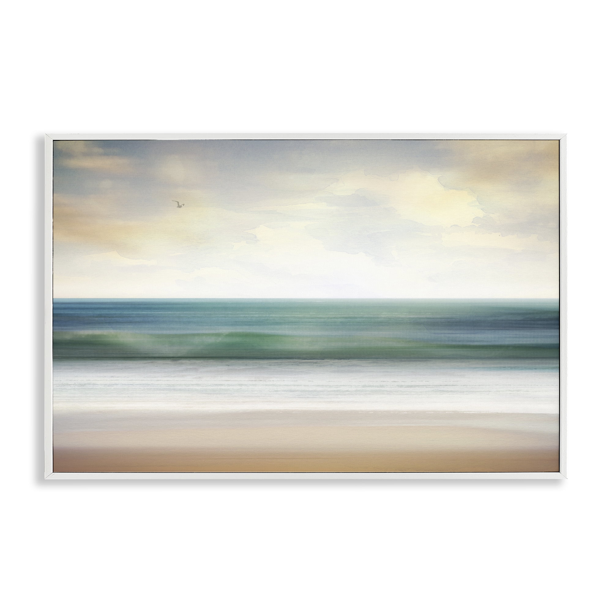 Stupell Industries Lone Seagull Over Beach Landscape Painting White Framed Art Print Wall Art, 24 x 16