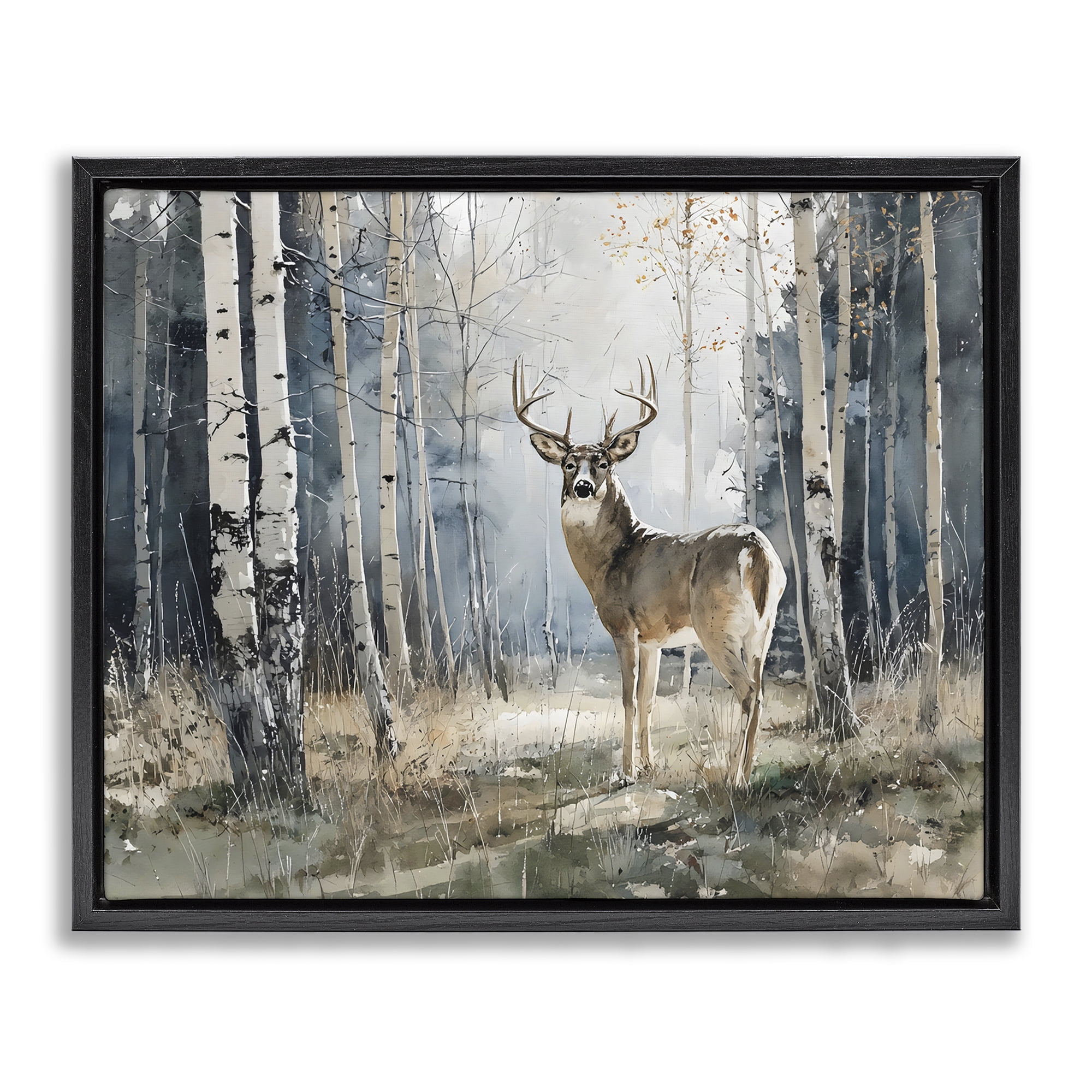Stupell Industries Lone Stag in Birch Forest Black Framed Floater Canvas Wall Art, design by Franklyn Gregory