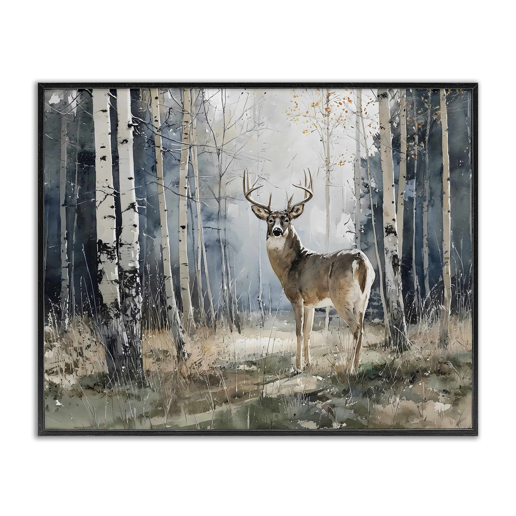 Stupell Industries Lone Stag in Birch Forest Black Framed Giclee Art, design by Franklyn Gregory