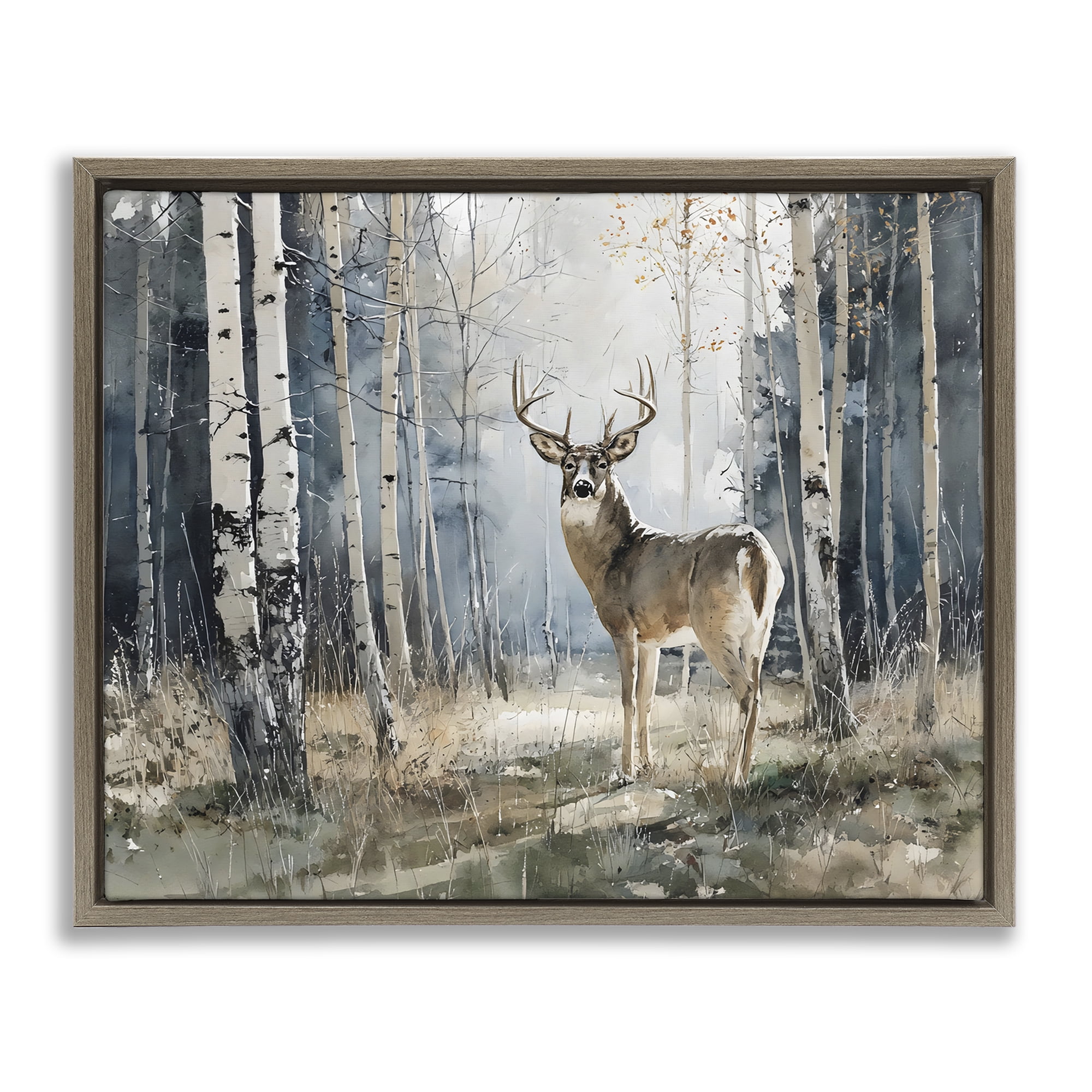Stupell Industries Lone Stag in Birch Forest Brown Framed Floater Canvas Wall Art, design by Franklyn Gregory