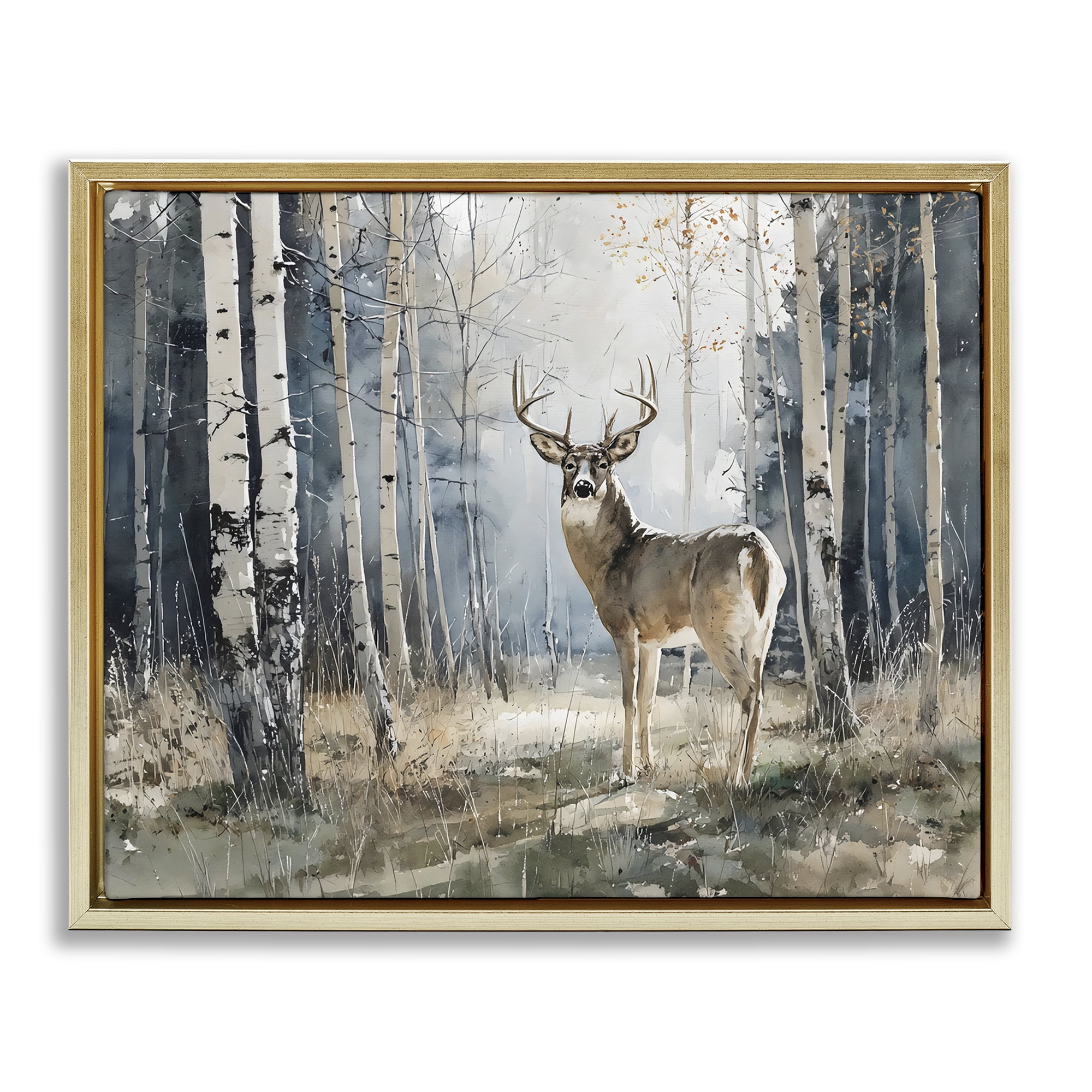 Stupell Industries Lone Stag in Birch Forest Gold Framed Floater Canvas Wall Art, design by Franklyn Gregory