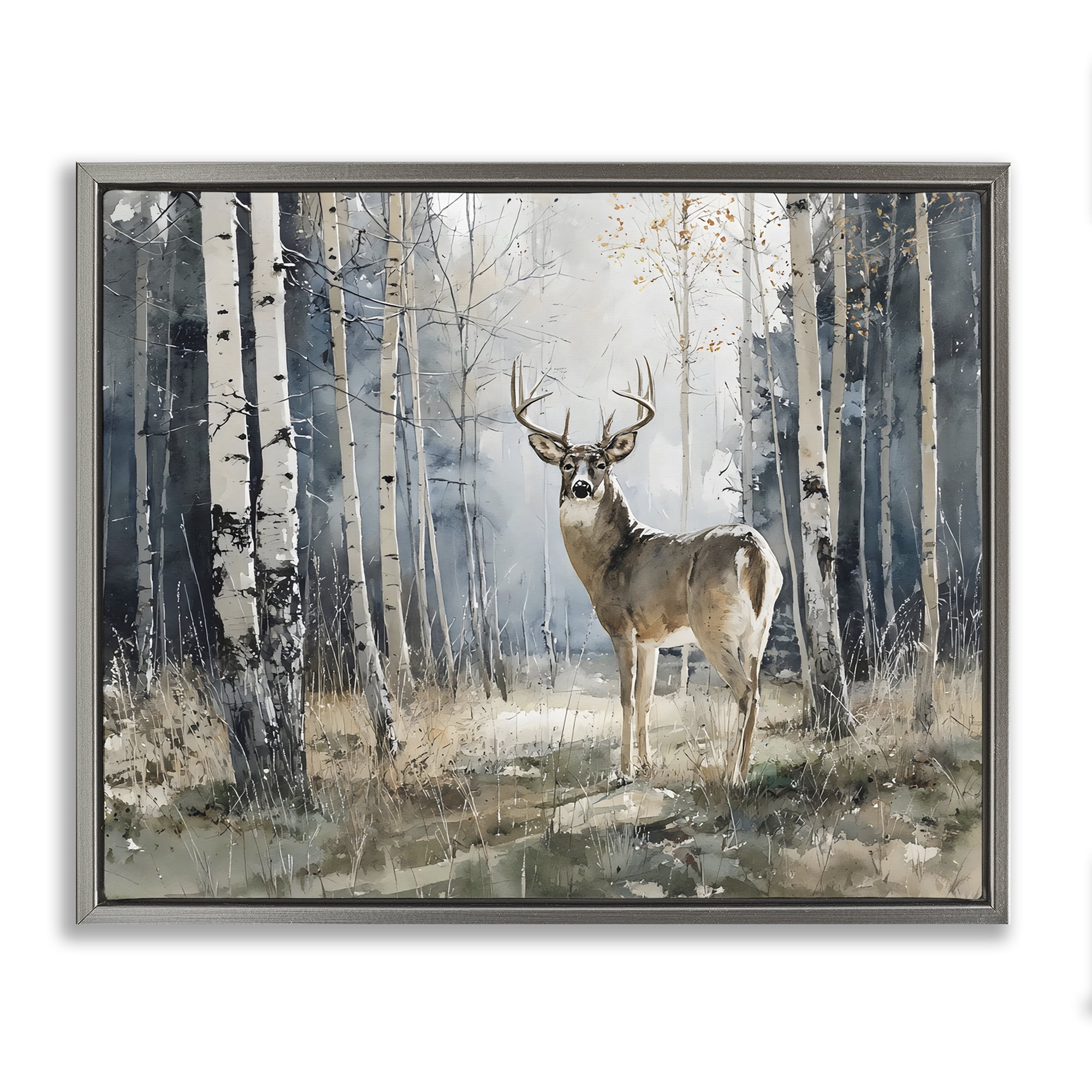 Stupell Industries Lone Stag in Birch Forest Gray Framed Floater Canvas Wall Art, design by Franklyn Gregory