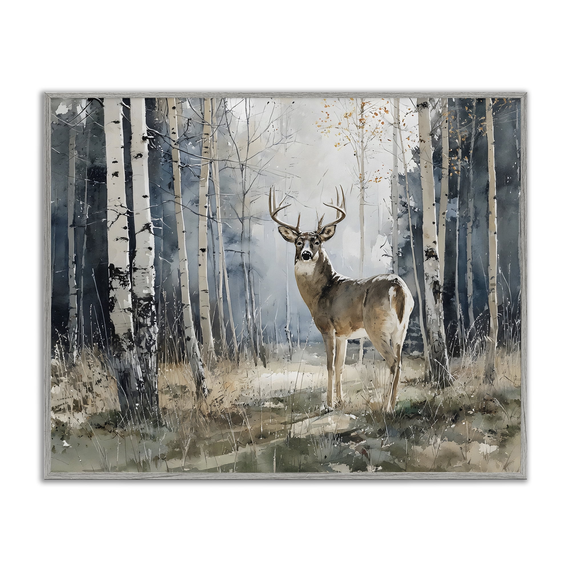 Stupell Industries Lone Stag in Birch Forest Gray Framed Giclee Art, design by Franklyn Gregory